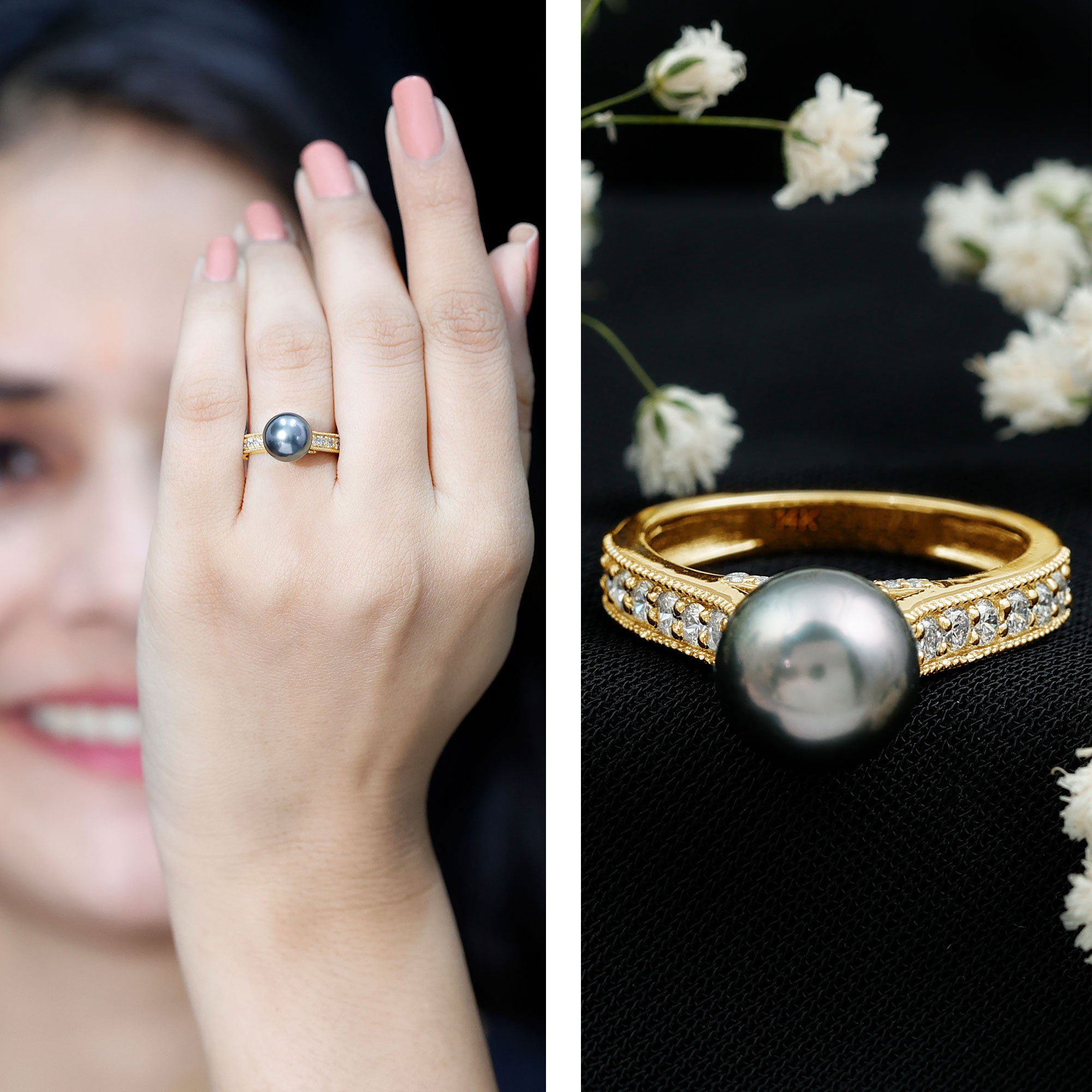Rosec Jewels-Natural Tahitian Pearl Cathedral Engagement Ring with Diamond Side Stones