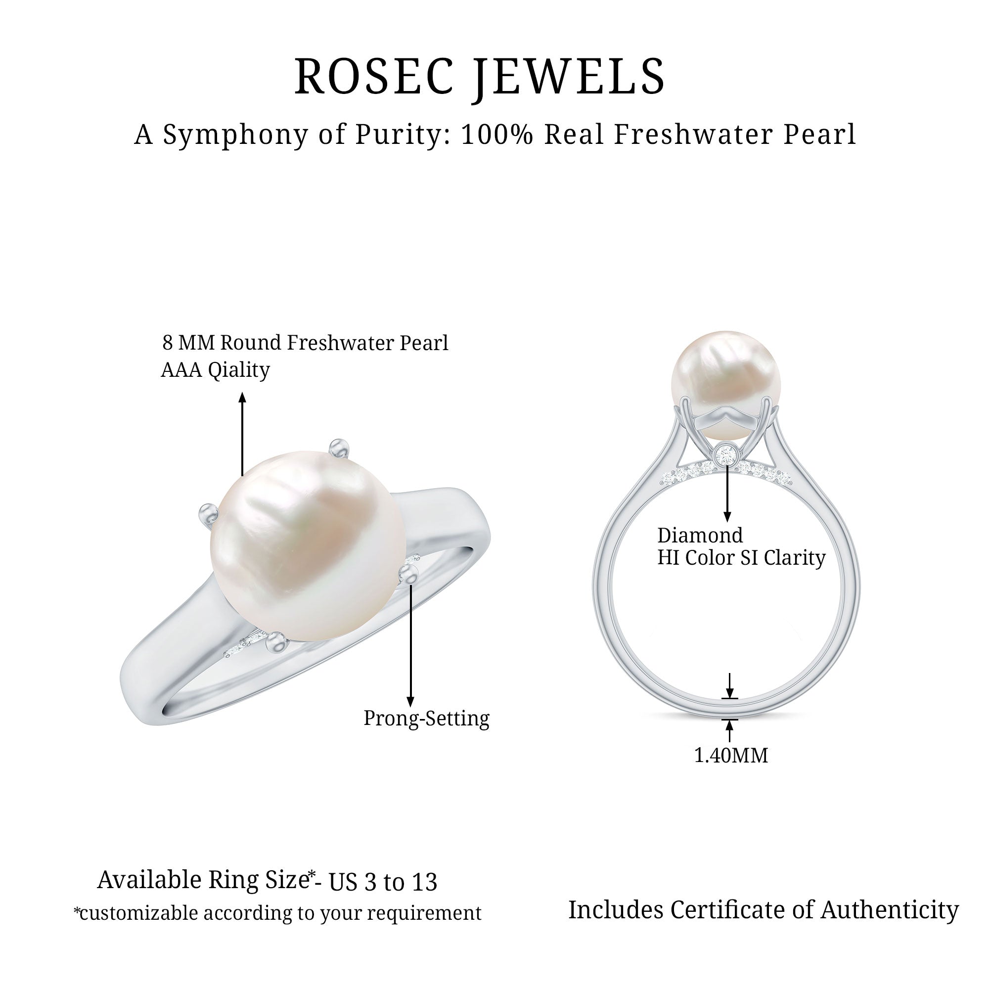 Rosec Jewels-Freshwater Pearl Solitaire with Diamond Ring