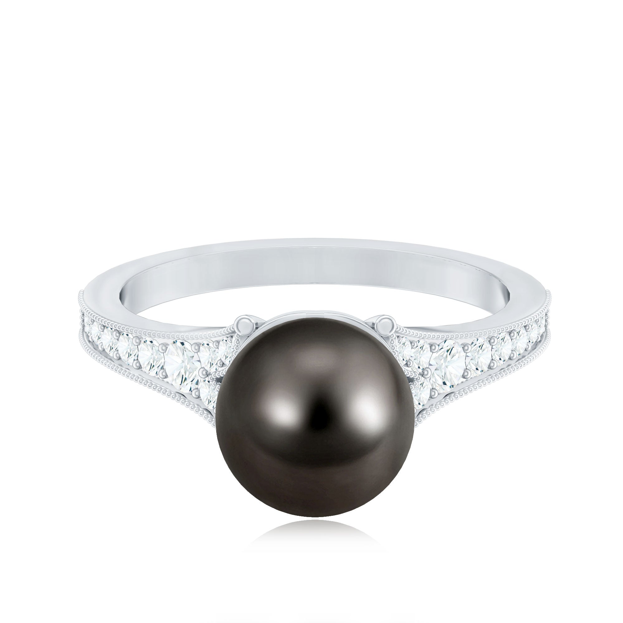 8 CT Tahitian Black Pearl Cathedral Engagement Ring with Diamonds AAA - Rosec Jewels