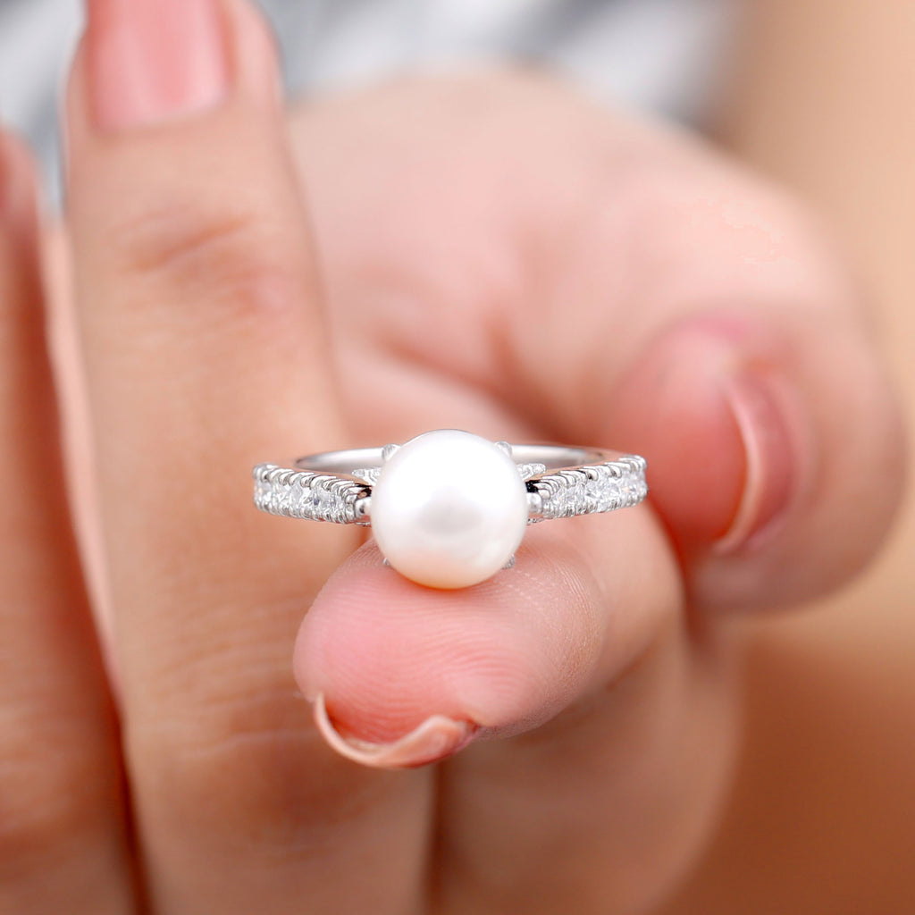 8 MM Freshwater Pearl Solitaire with Diamond Engagement Ring Freshwater Pearl - ( AAA ) - Quality - Rosec Jewels