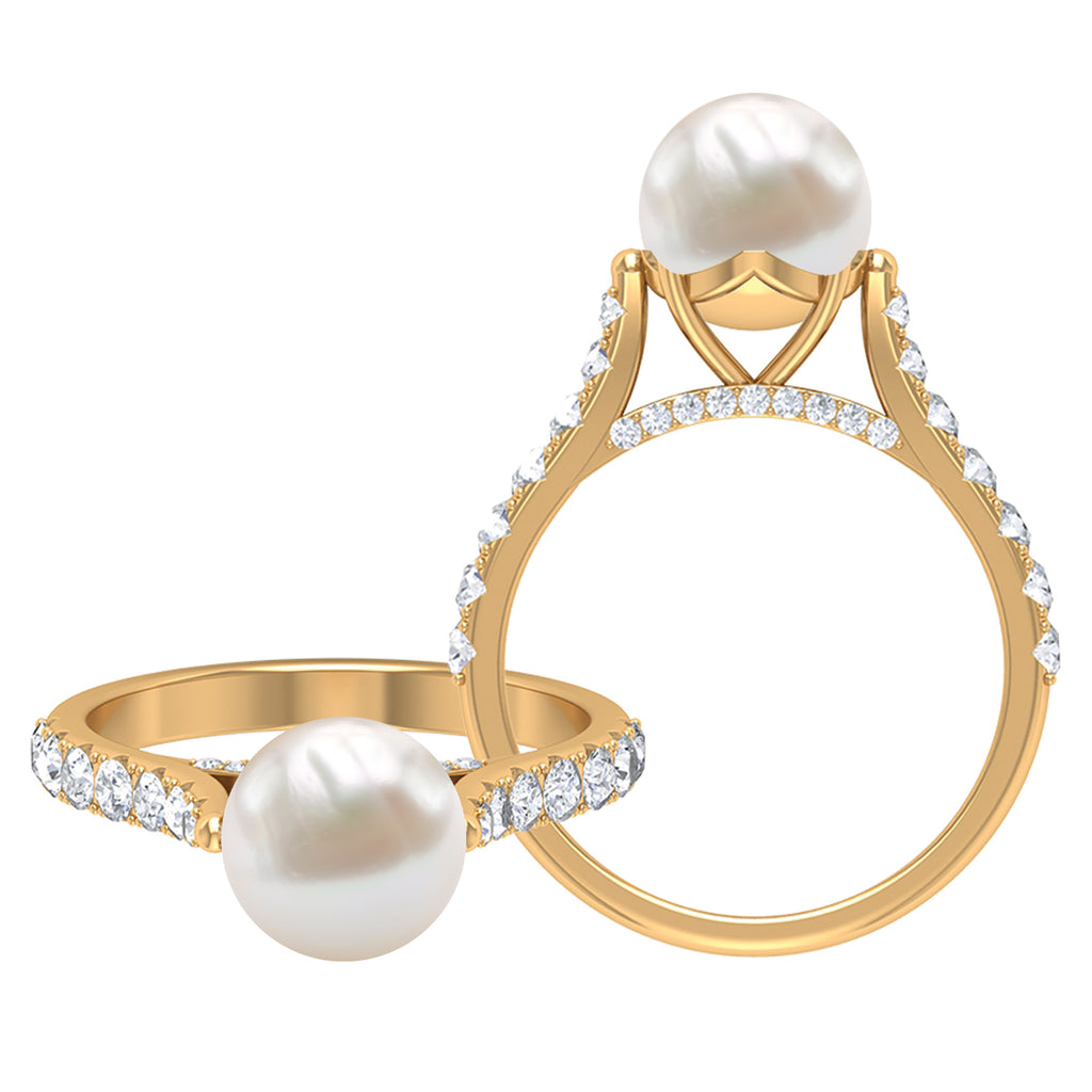 8 MM Freshwater Pearl Solitaire with Diamond Engagement Ring Freshwater Pearl - ( AAA ) - Quality - Rosec Jewels