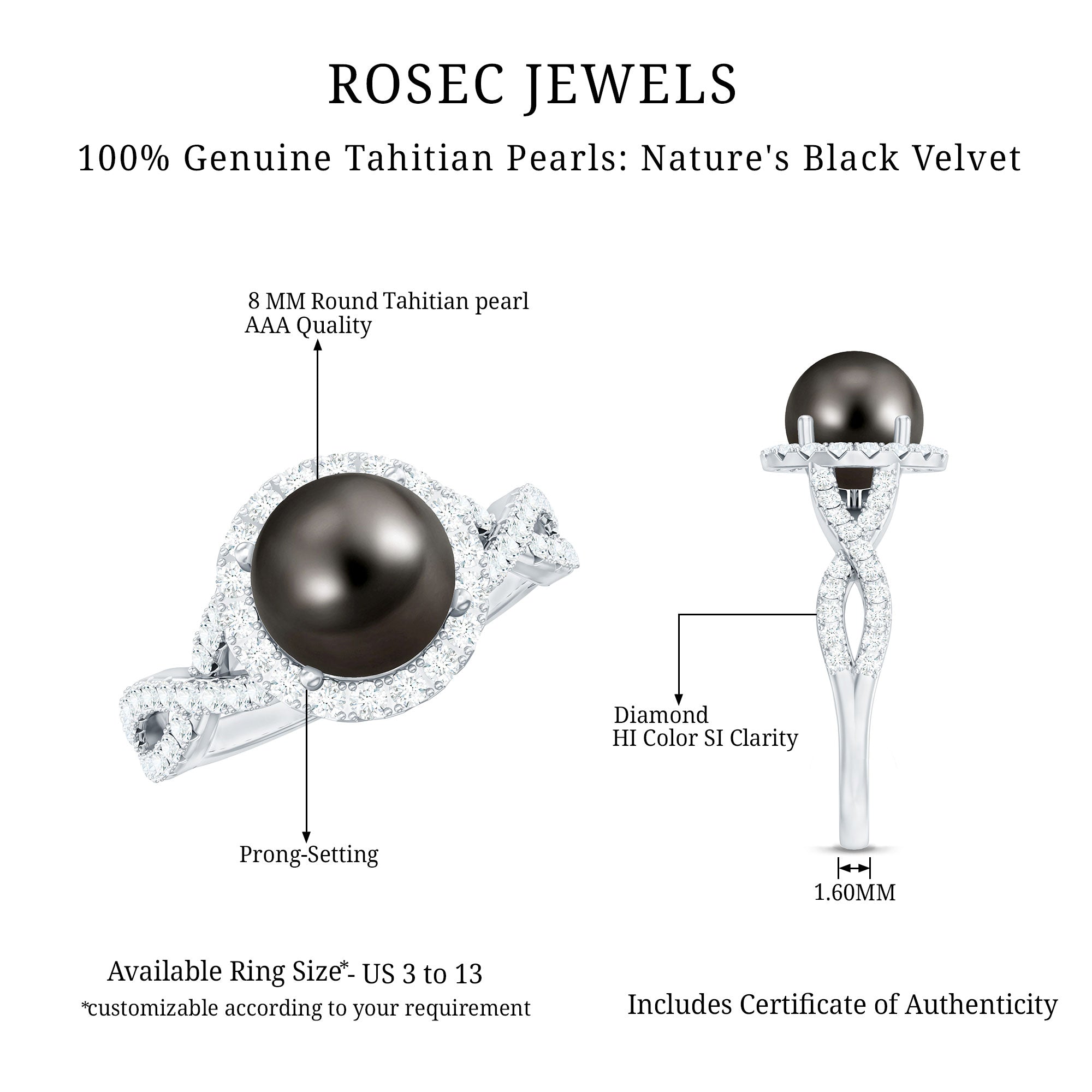 Rosec Jewels-Real Tahitian Pearl and Diamond Crossover Engagement Ring