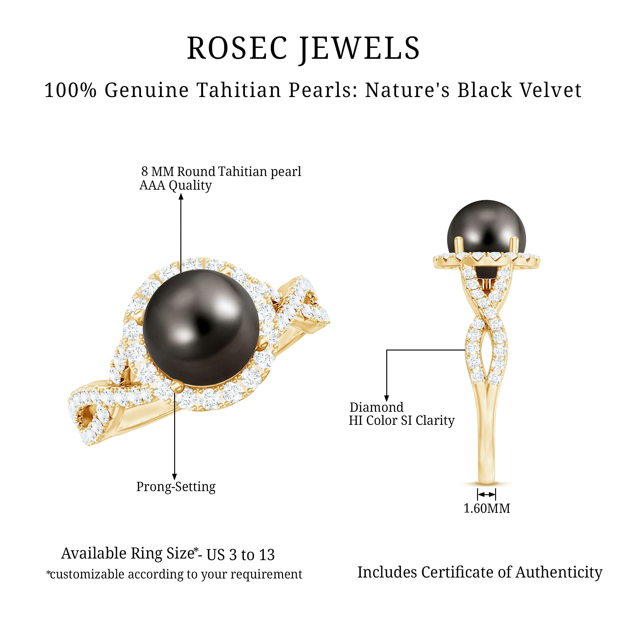 Rosec Jewels-Real Tahitian Pearl and Diamond Crossover Engagement Ring