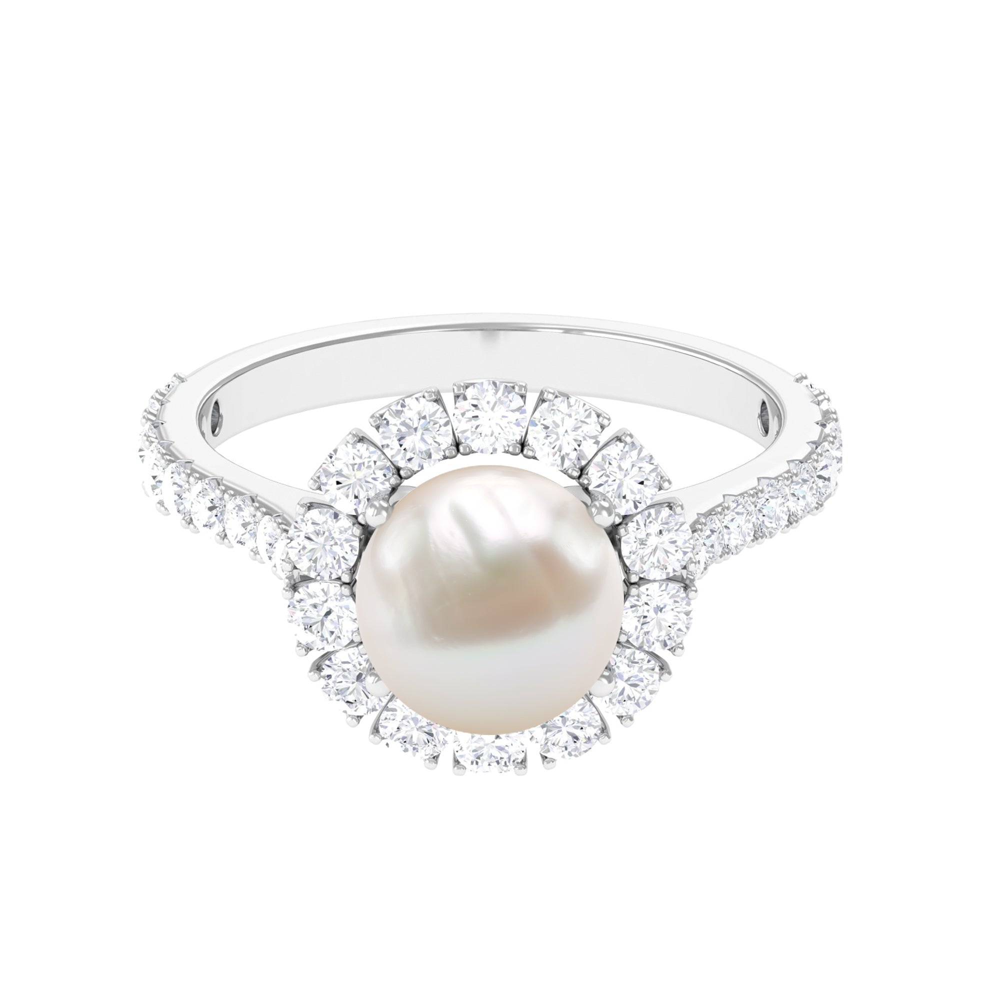 Freshwater Pearl and Moissanite Halo Engagement Ring Freshwater Pearl - ( AAA ) - Quality - Rosec Jewels