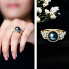 Rosec Jewels-7.5 Carat Round Black Pearl Engagement Ring with Moissanite Accent
