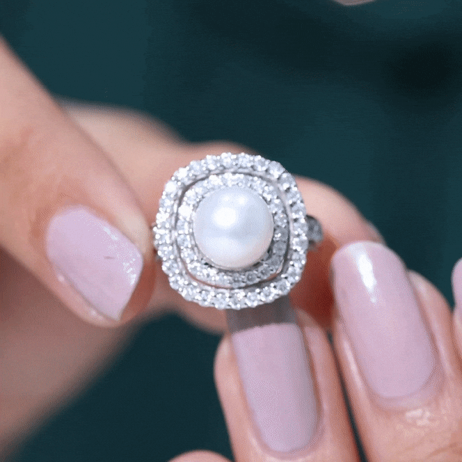 Amazing Freshwater Pearl Solitaire Engagement Ring and Moissanite Double Halo Freshwater Pearl - ( AAA ) - Quality - Rosec Jewels