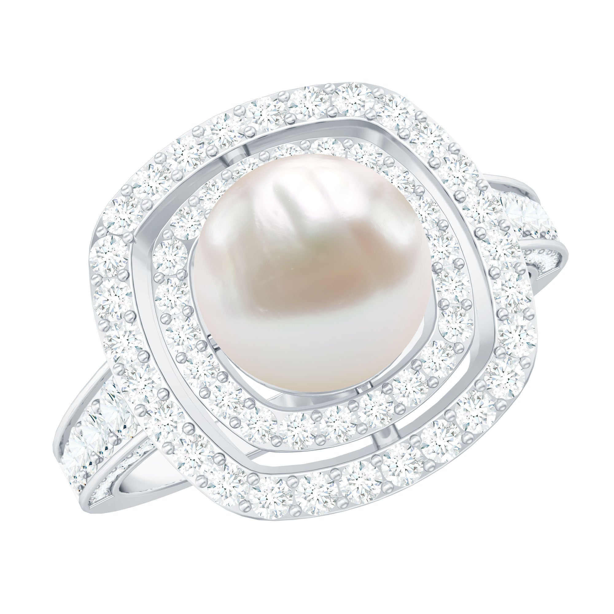 Rosec Jewels-7.4 Carat Freshwater Pearl Double Halo Engagement Ring with Moissanite