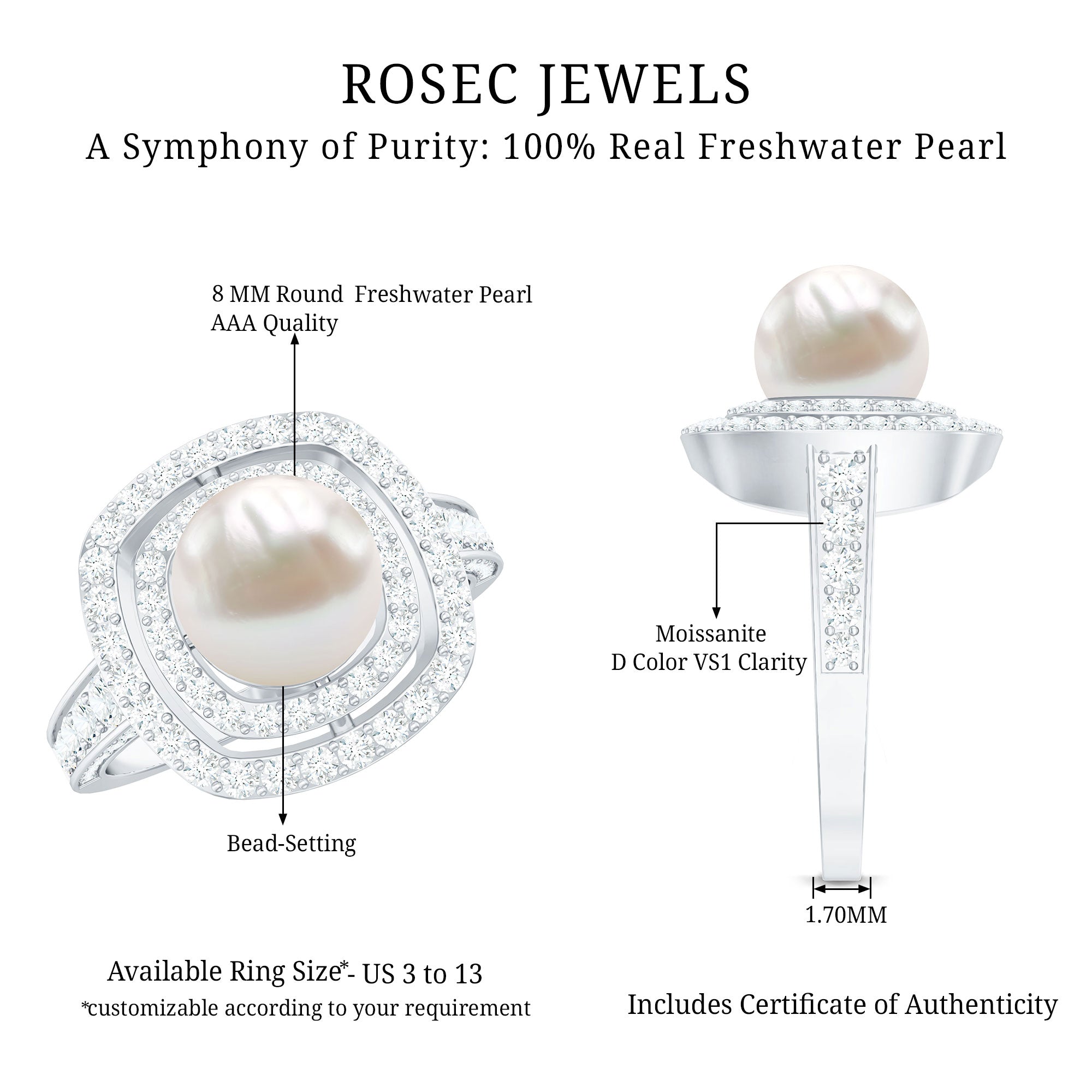 Rosec Jewels-7.4 Carat Freshwater Pearl Double Halo Engagement Ring with Moissanite
