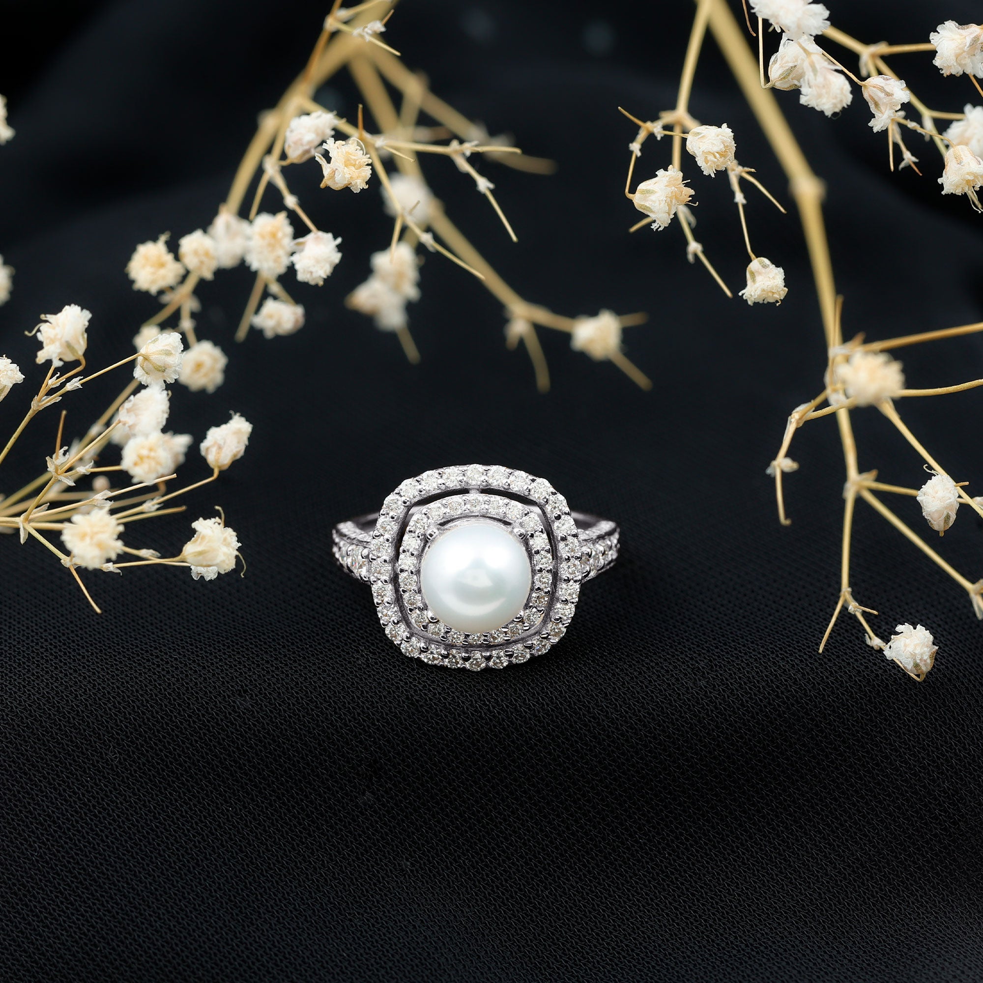 Rosec Jewels-7.4 Carat Freshwater Pearl Double Halo Engagement Ring with Moissanite