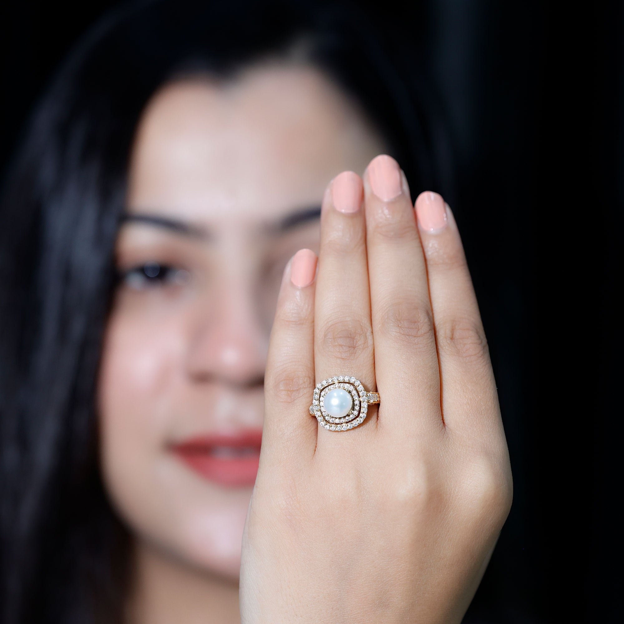 Rosec Jewels-7.4 Carat Freshwater Pearl Double Halo Engagement Ring with Moissanite