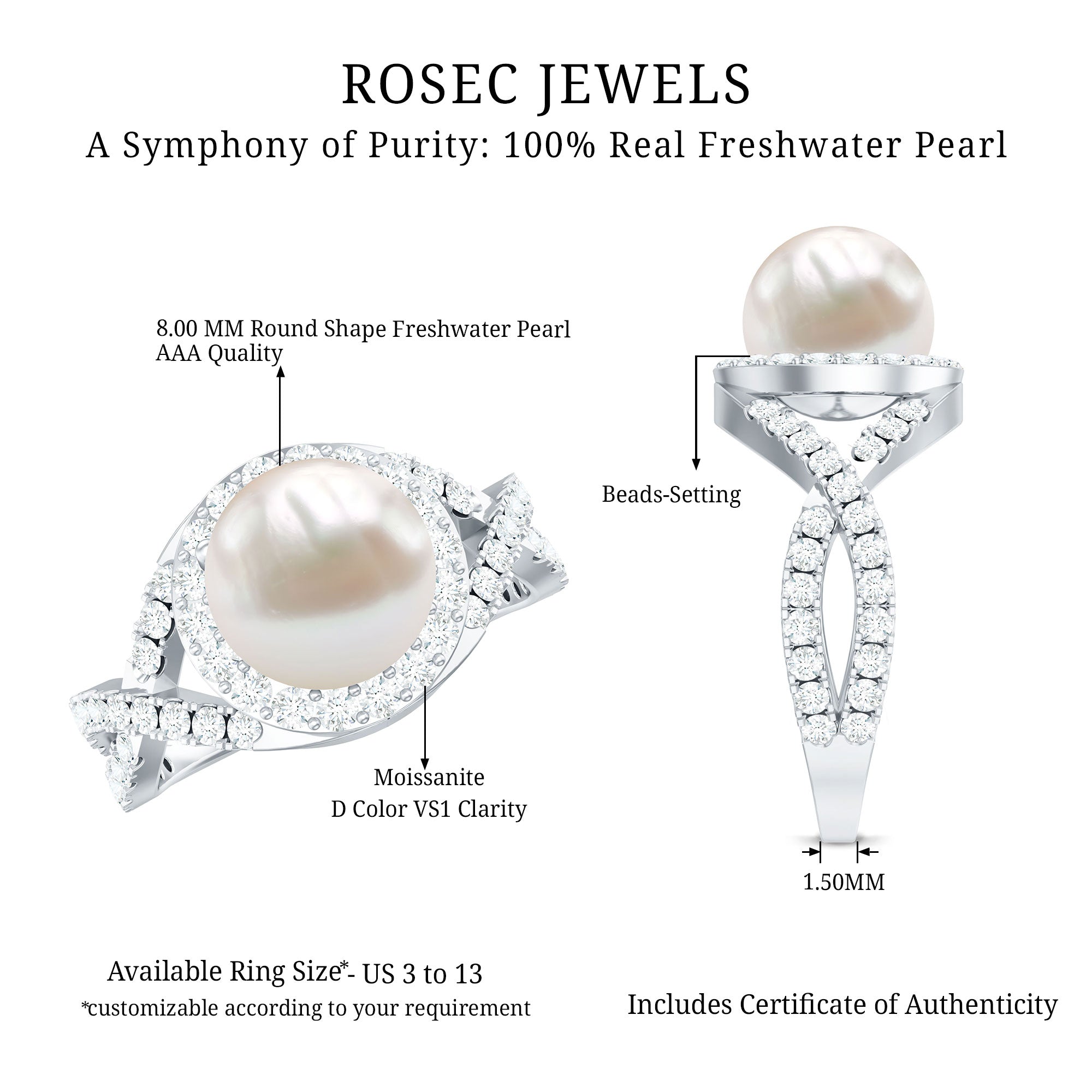 7.4 Carat Freshwater Pearl Engagement Ring with Moissanite Crossover Shank AAA - Rosec Jewels