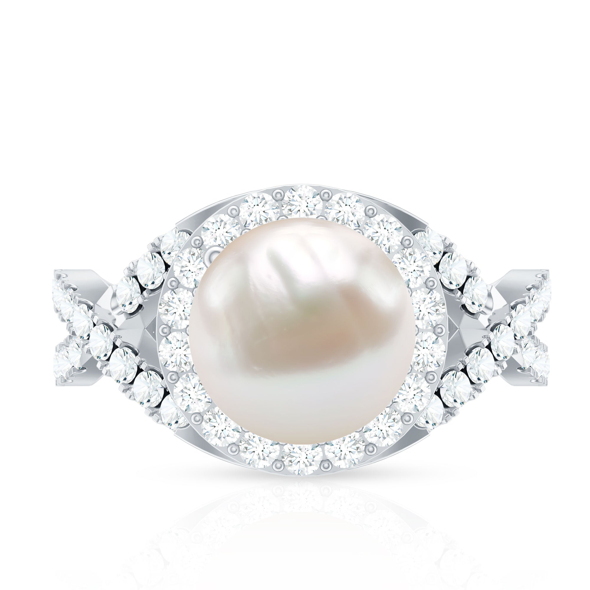 7.4 Carat Freshwater Pearl Engagement Ring with Moissanite Crossover Shank AAA - Rosec Jewels