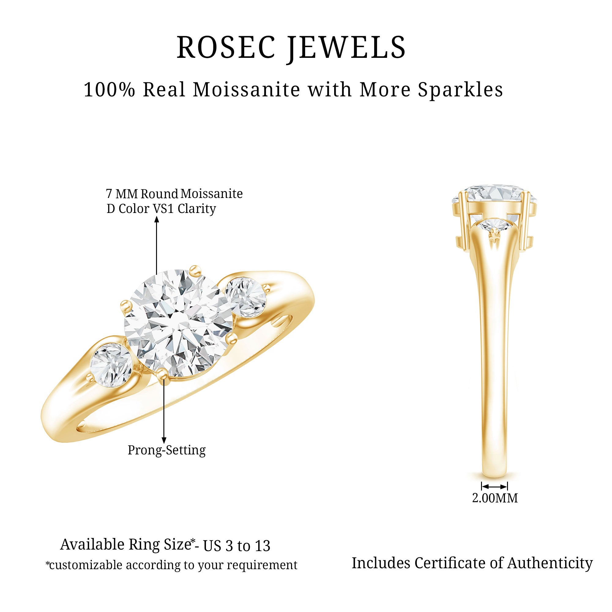 Certified 2 Carat Moissanite Promise Engagement Ring D-VS1 - Rosec Jewels