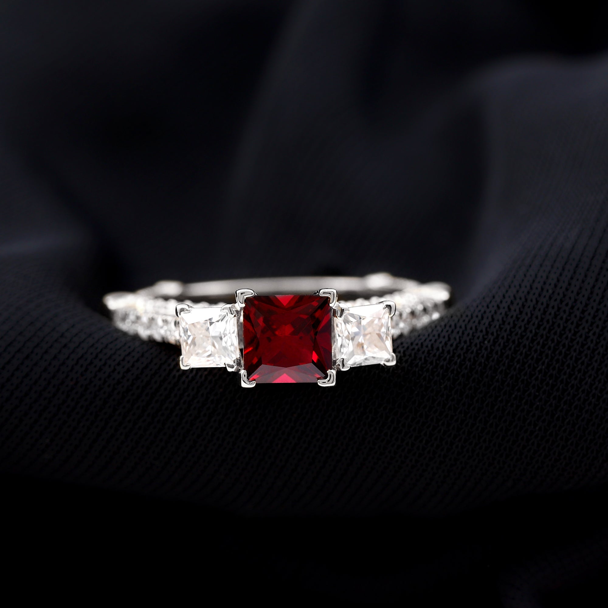 Princess Cut Created Ruby and Moissanite 3 Stone Designer Engagement Ring Lab Created Ruby - ( AAAA ) - Quality - Rosec Jewels