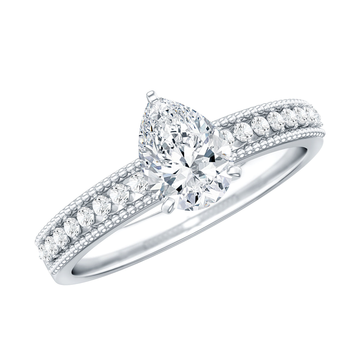 Pear Shaped Moissanite Solitaire Engagement Ring with Beaded Design D-VS1 - Rosec Jewels