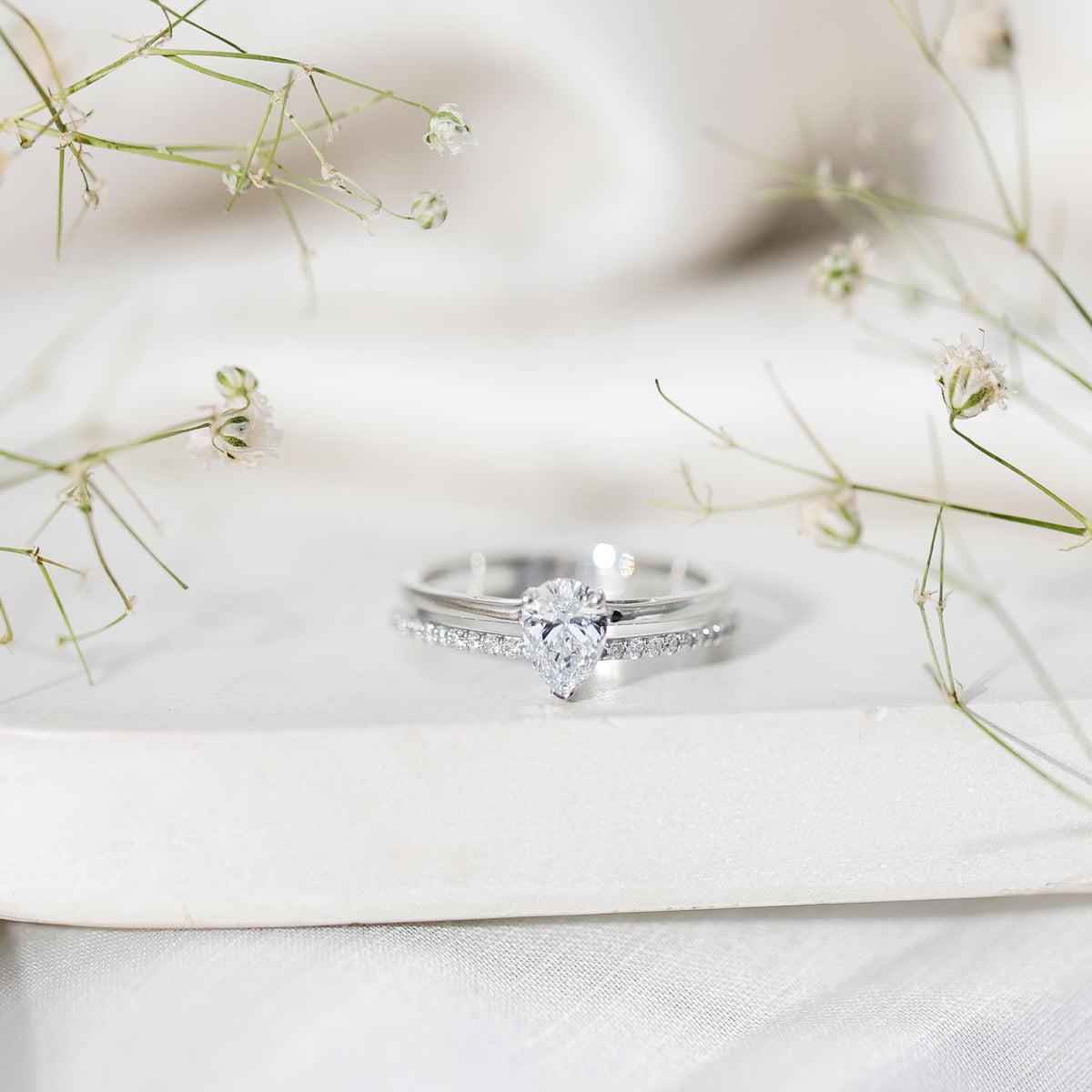 Pear Cut Solitaire Moissanite Double Band Engagement Ring D-VS1 - Rosec Jewels
