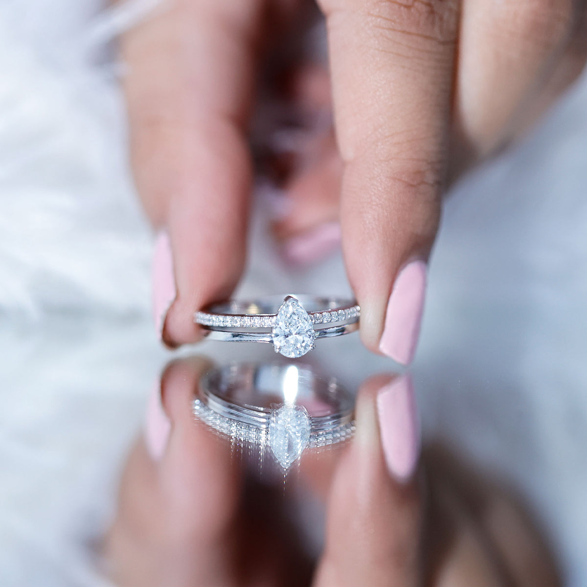 Pear Cut Solitaire Moissanite Double Band Engagement Ring D-VS1 - Rosec Jewels
