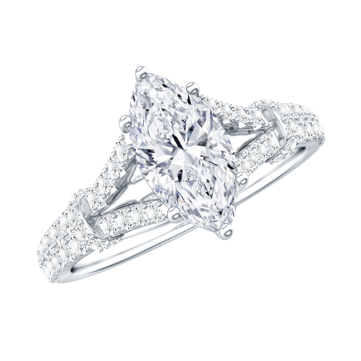 Marquise Cut Moissanite Solitaire Engagement Ring in Split Shank D-VS1 - Rosec Jewels