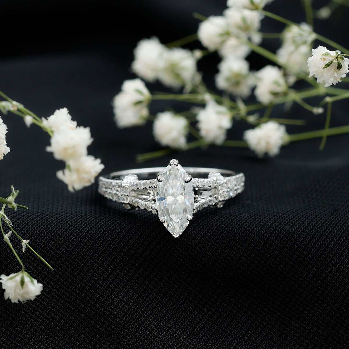 Marquise Cut Moissanite Solitaire Engagement Ring in Split Shank D-VS1 - Rosec Jewels