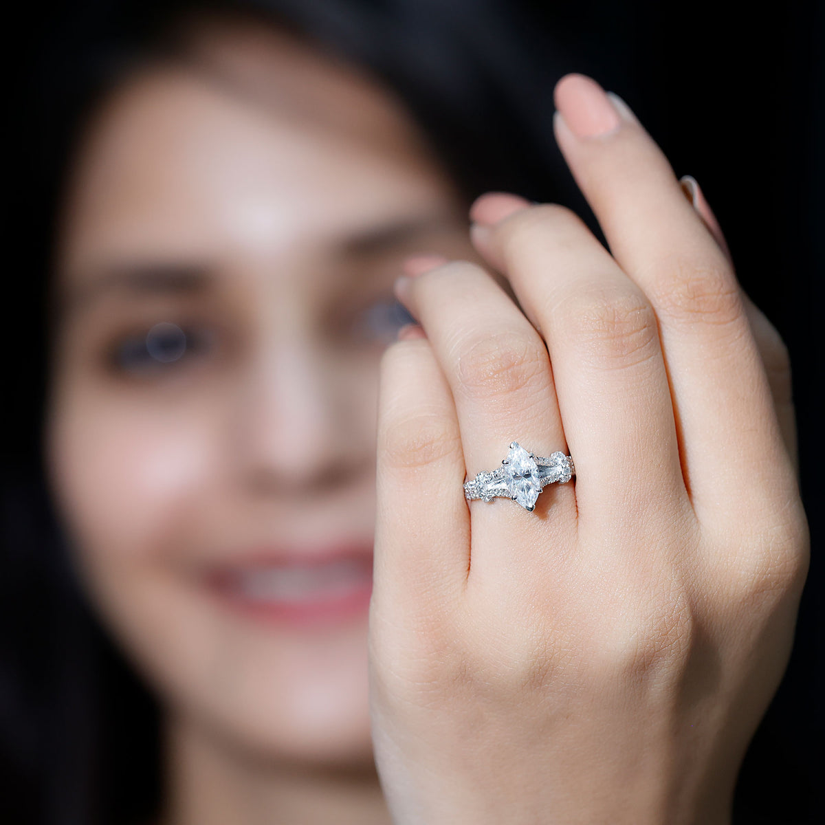 Marquise Cut Moissanite Solitaire Engagement Ring in Split Shank D-VS1 - Rosec Jewels