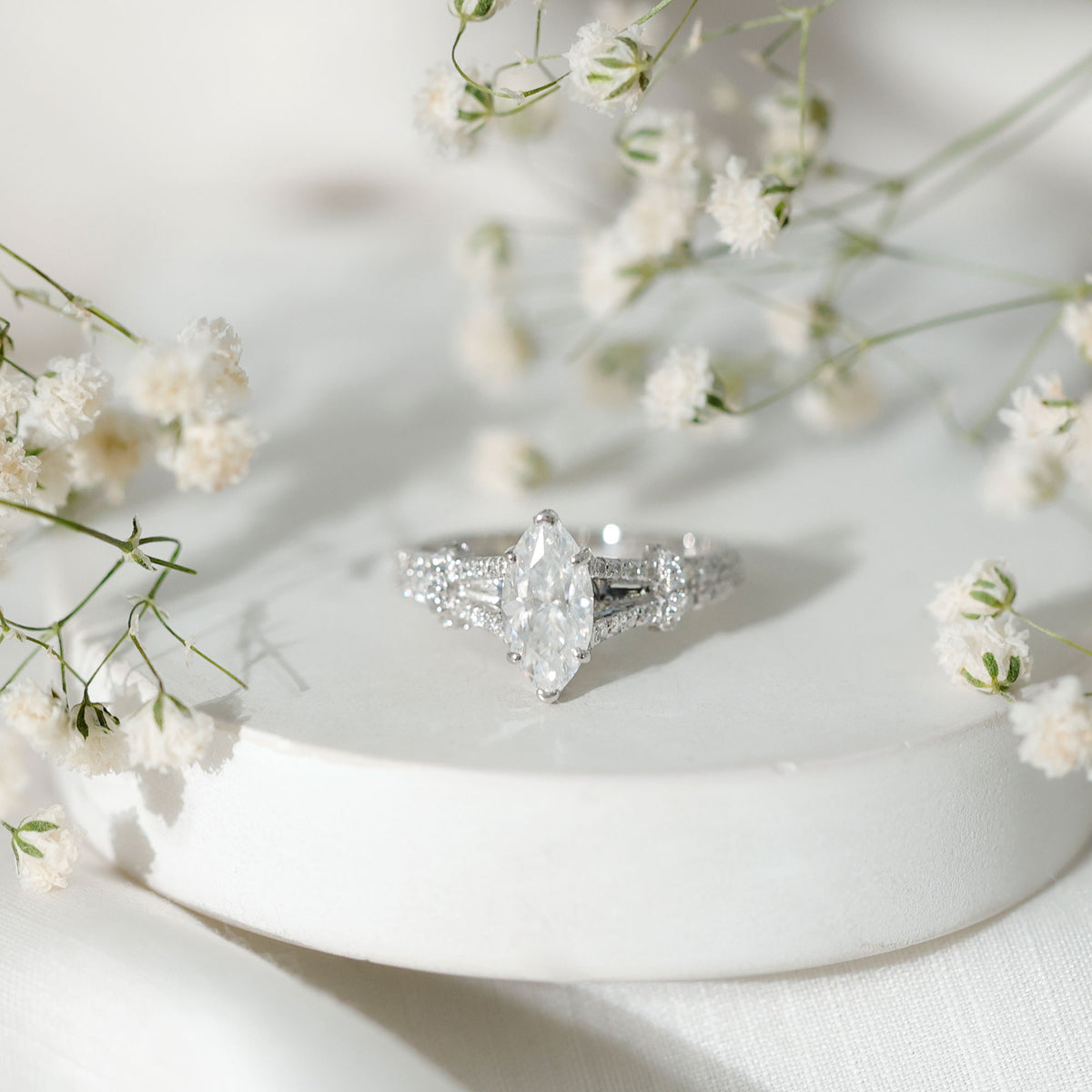 Marquise Cut Moissanite Solitaire Engagement Ring in Split Shank D-VS1 - Rosec Jewels
