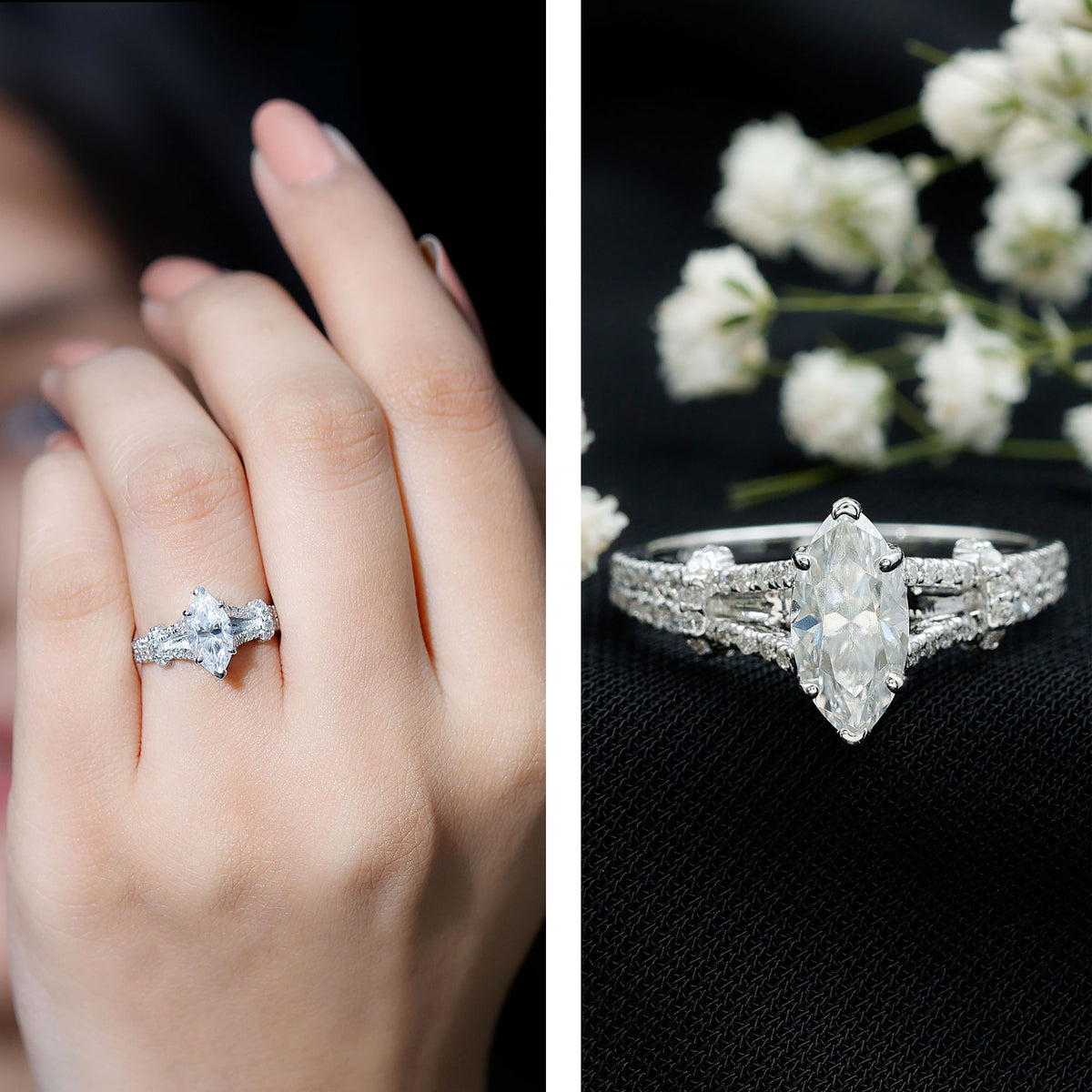Marquise Cut Moissanite Solitaire Engagement Ring in Split Shank D-VS1 - Rosec Jewels