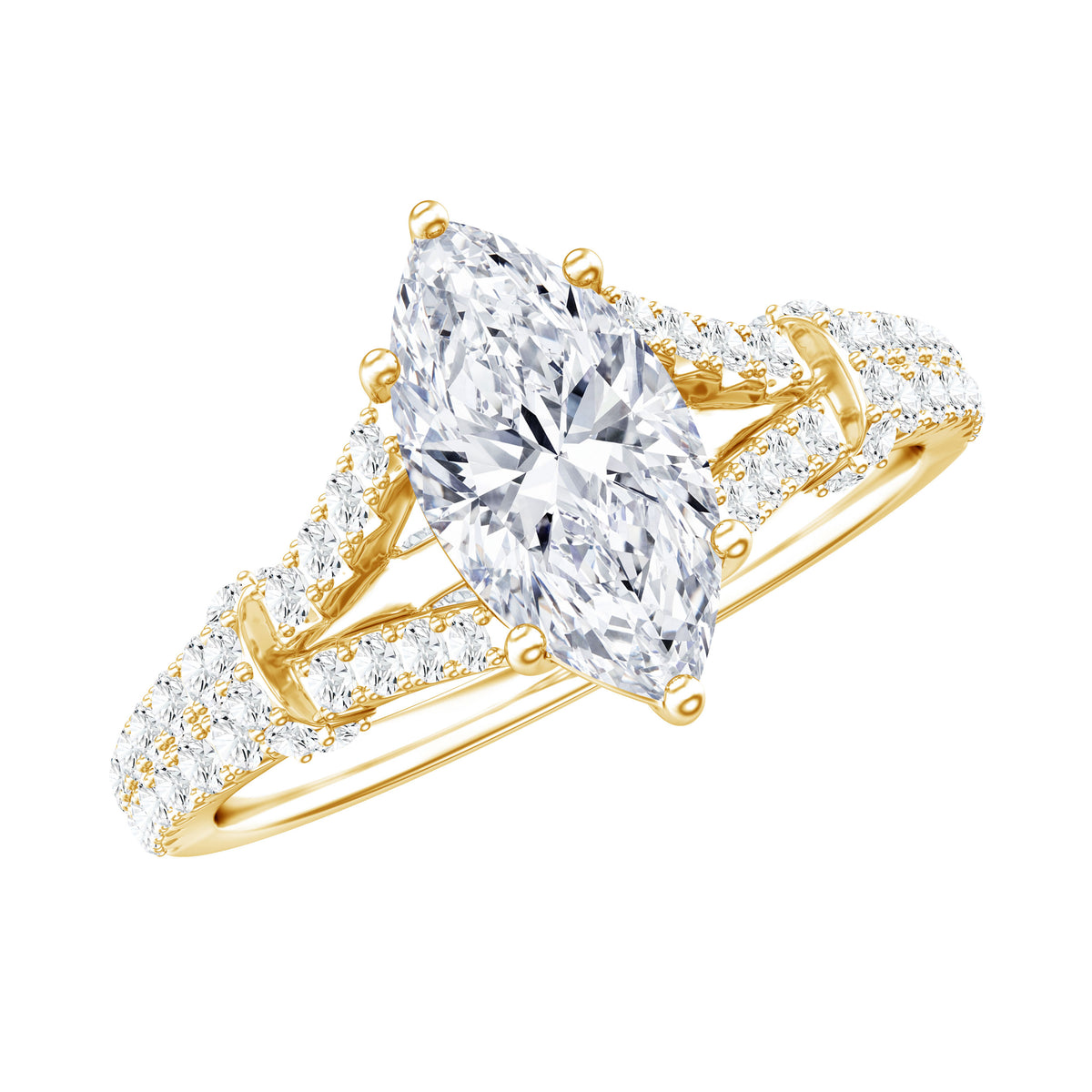 Certified 1 Carat Moissanite Marquise Engagement Ring with Split Shank D-VS1 14K Yellow Gold Plated Silver - Rosec Jewels