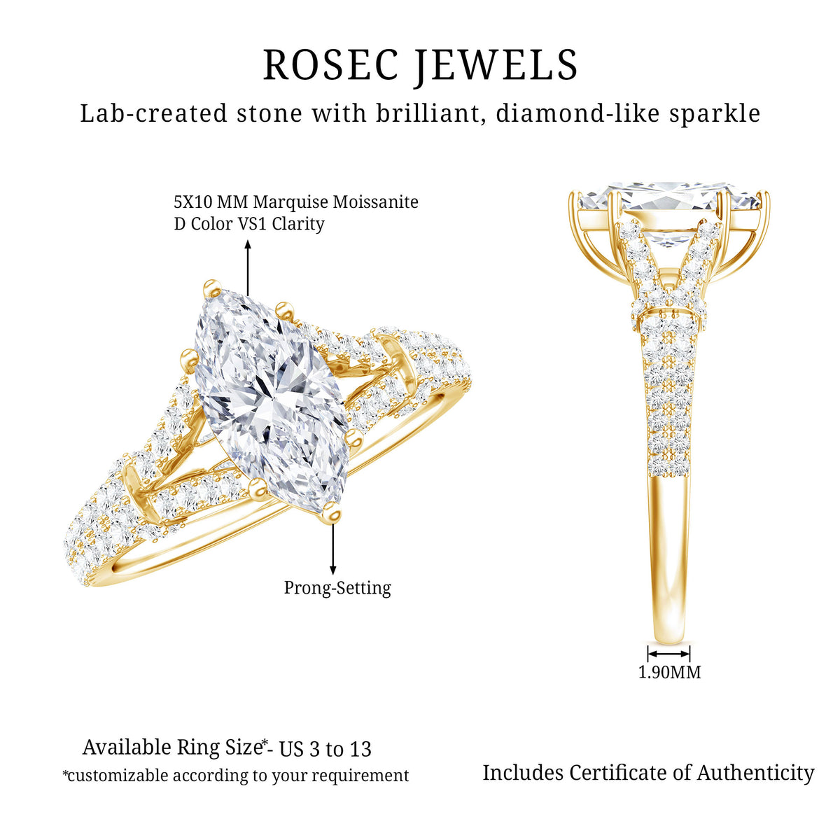 Marquise Cut Moissanite Solitaire Engagement Ring in Split Shank D-VS1 - Rosec Jewels