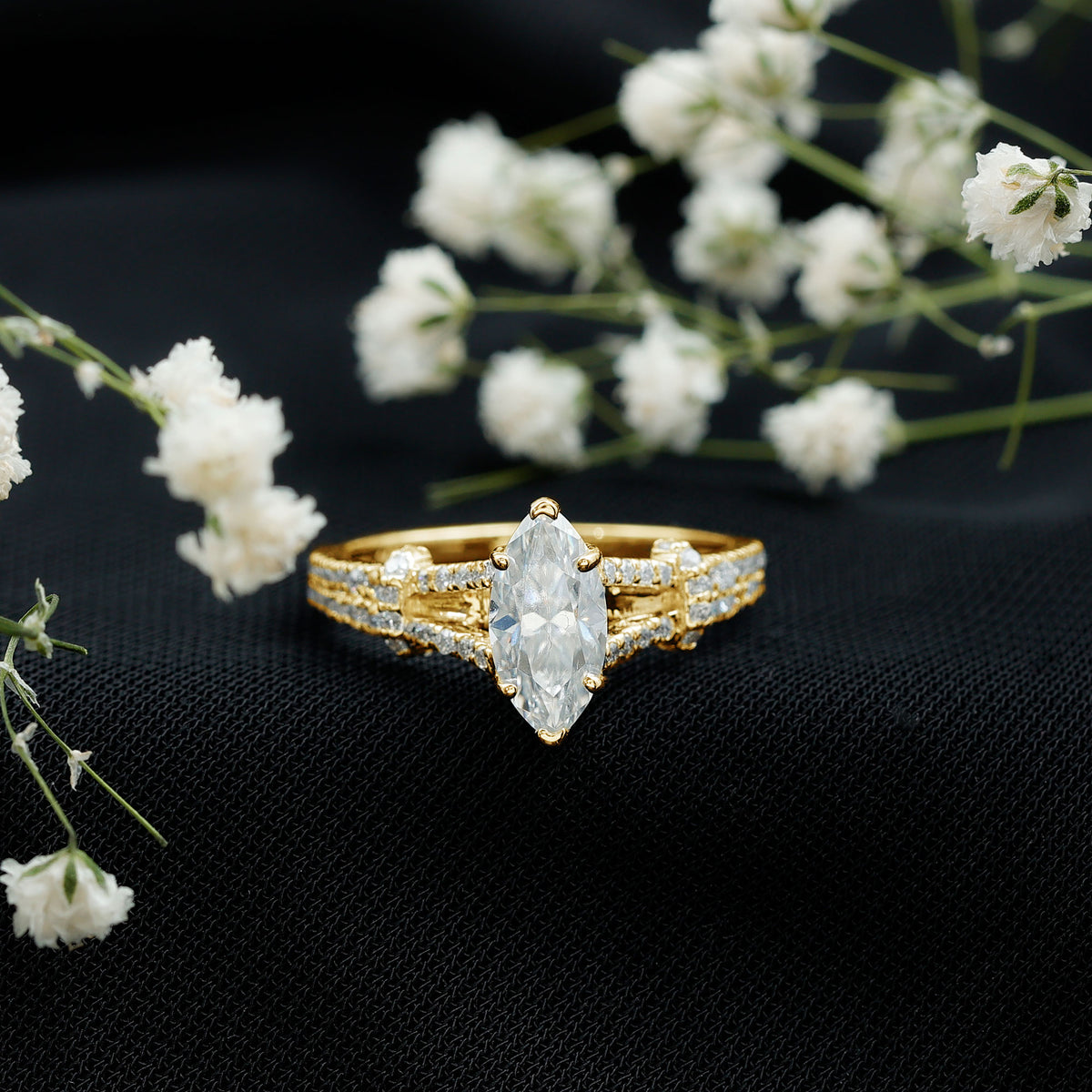 Marquise Cut Moissanite Solitaire Engagement Ring in Split Shank D-VS1 - Rosec Jewels