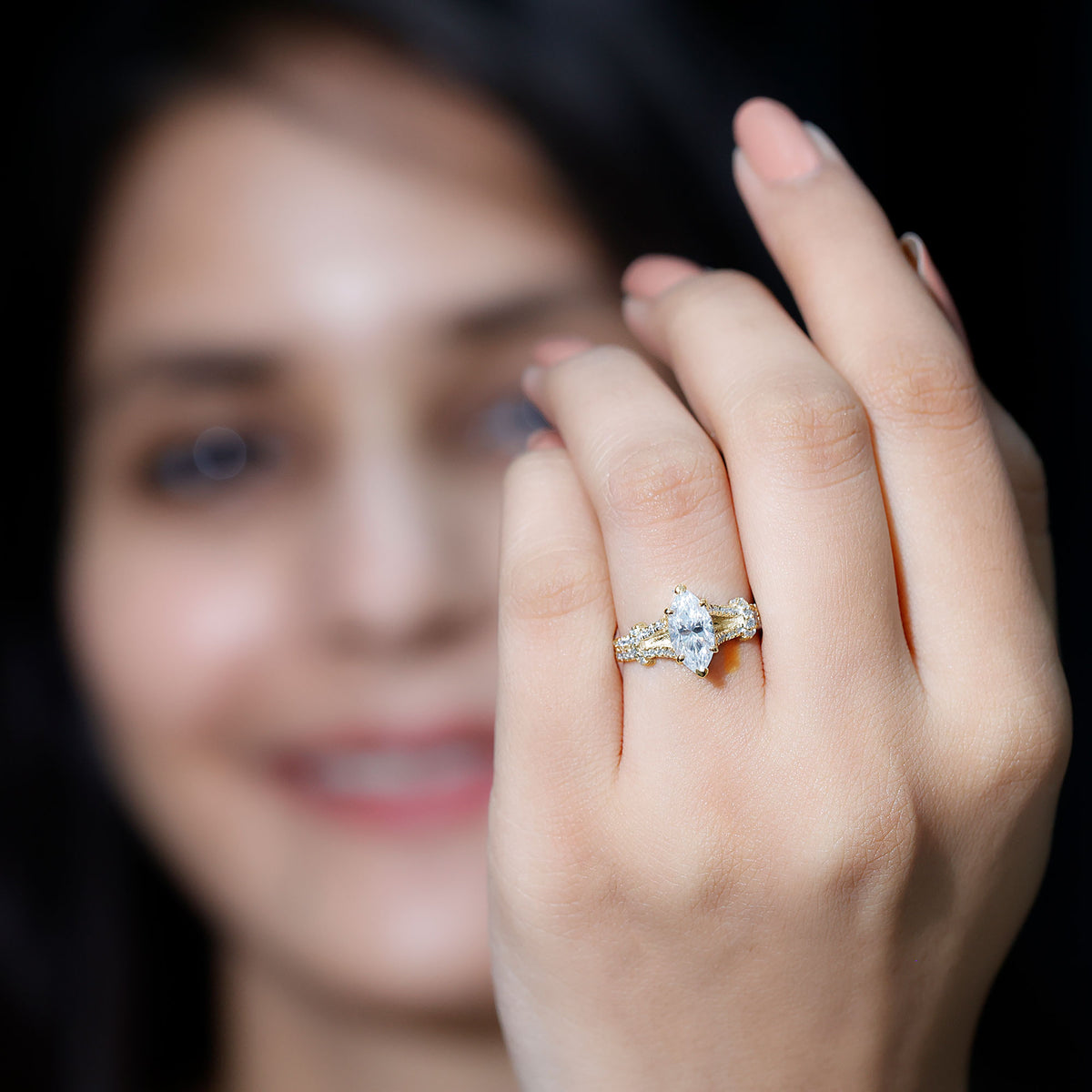 Marquise Cut Moissanite Solitaire Engagement Ring in Split Shank D-VS1 - Rosec Jewels