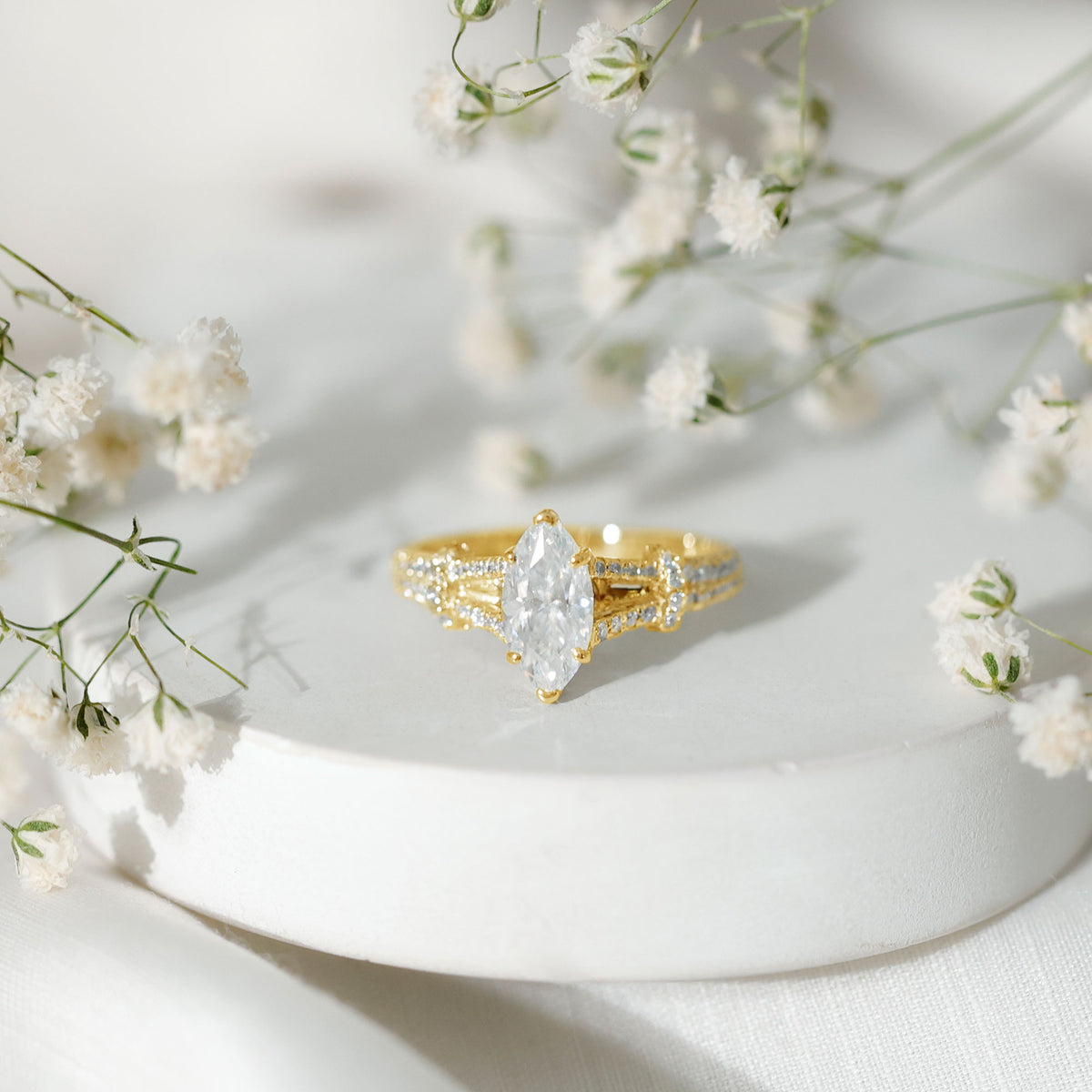 Marquise Cut Moissanite Solitaire Engagement Ring in Split Shank D-VS1 - Rosec Jewels