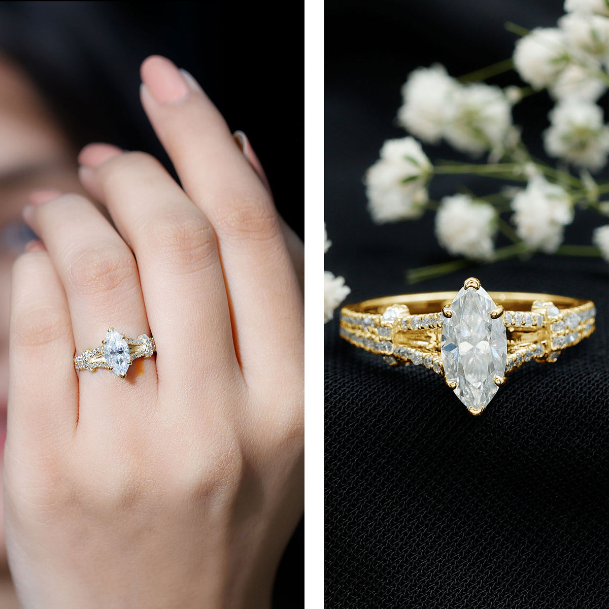 Certified 1 Carat Moissanite Marquise Engagement Ring with Split Shank D-VS1 14K Yellow Gold Plated Silver - Rosec Jewels