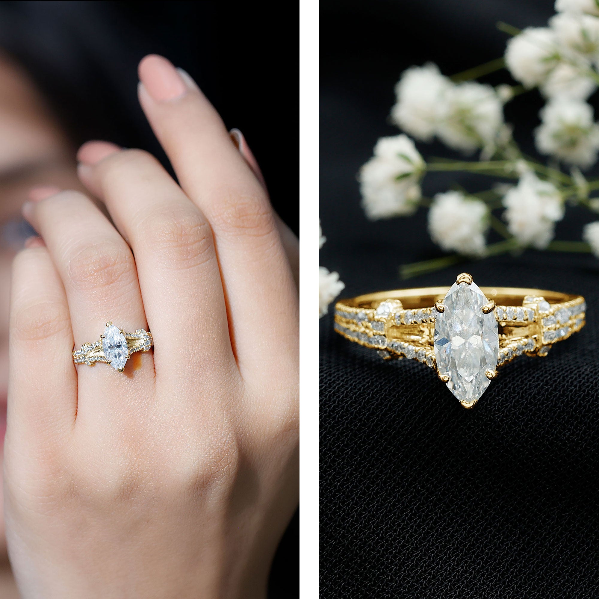 Certified 1 Carat Moissanite Marquise Engagement Ring with Split Shank D-VS1 14K Yellow Gold Plated Silver - Rosec Jewels