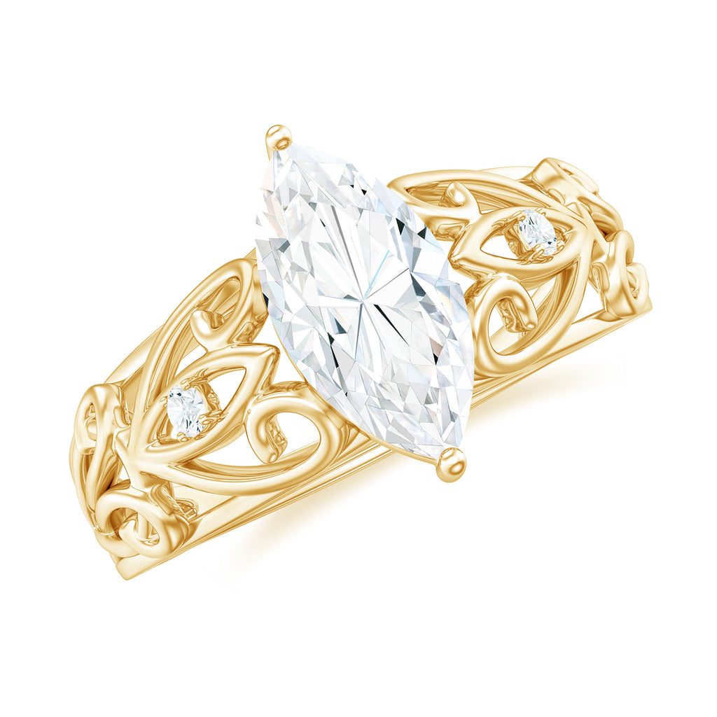 Marquise Cut Moissanite Solitaire Antique Style Ring in Gold Moissanite - ( D-VS1 ) - Color and Clarity - Rosec Jewels