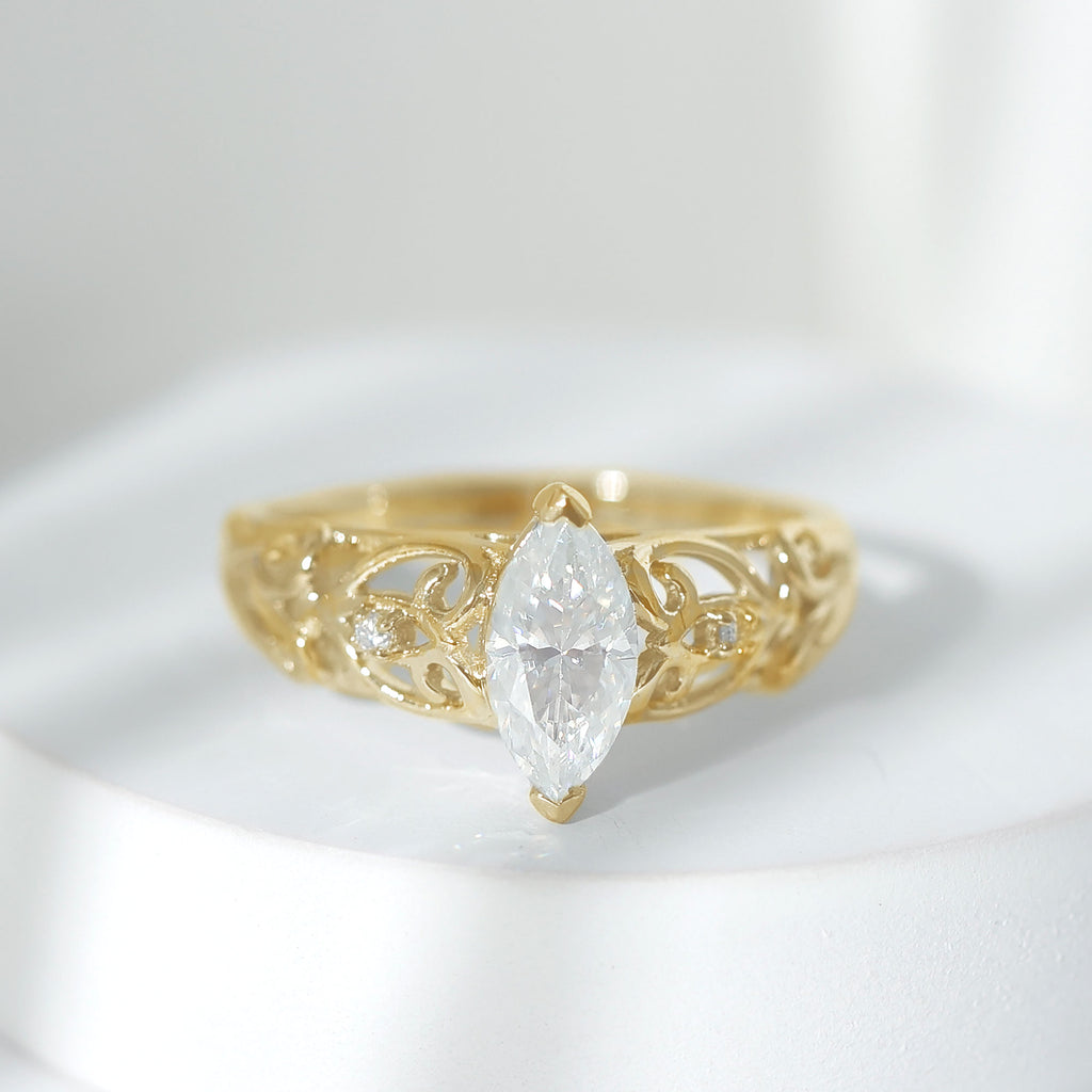 Marquise Cut Moissanite Solitaire Antique Style Ring in Gold Moissanite - ( D-VS1 ) - Color and Clarity - Rosec Jewels