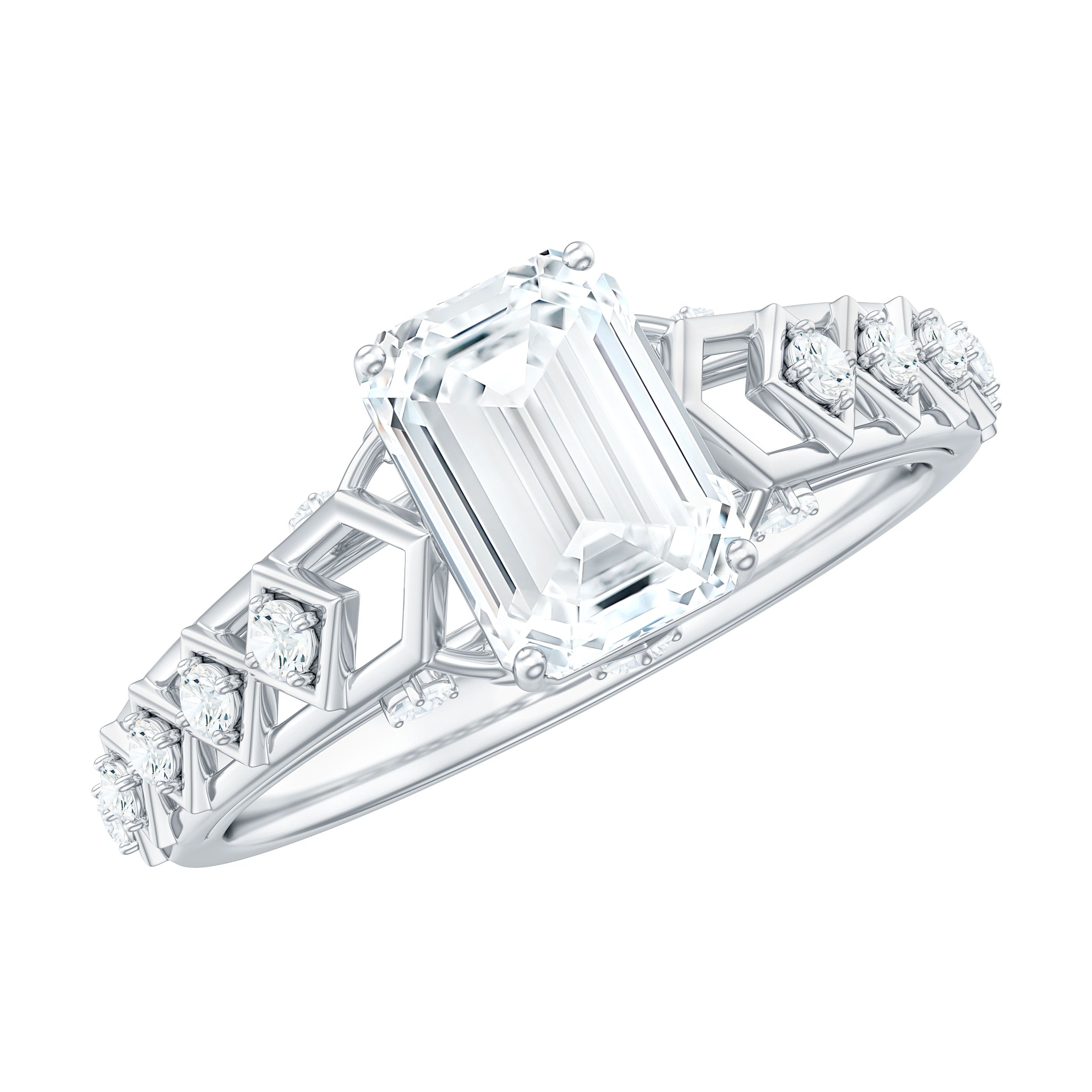 6X8 MM Emerald Cut Moissanite Solitaire Engagement Ring with Side Stones