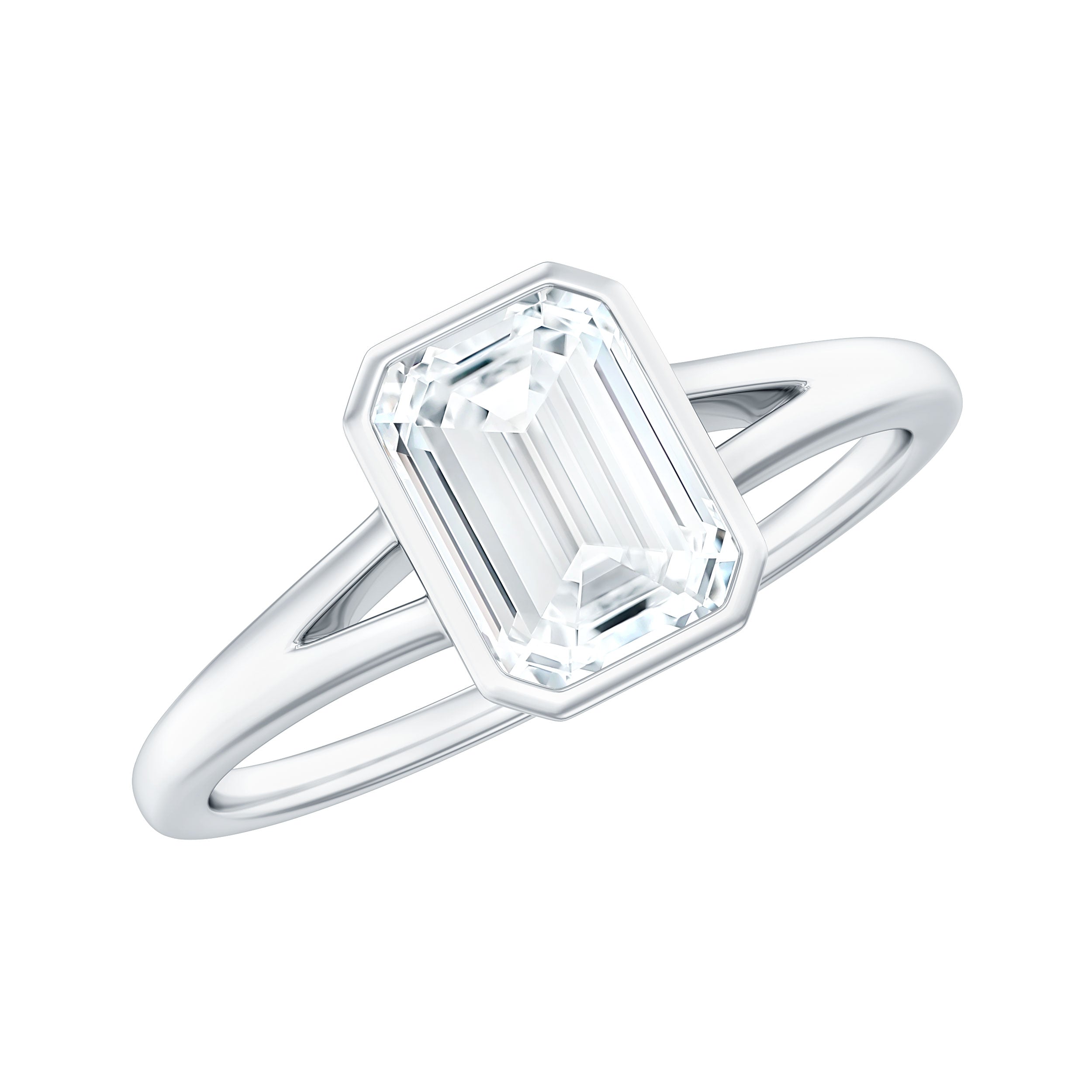 6X8mm Emerald Cut Moissanite Bezel Set Engagement Ring with Split Shank