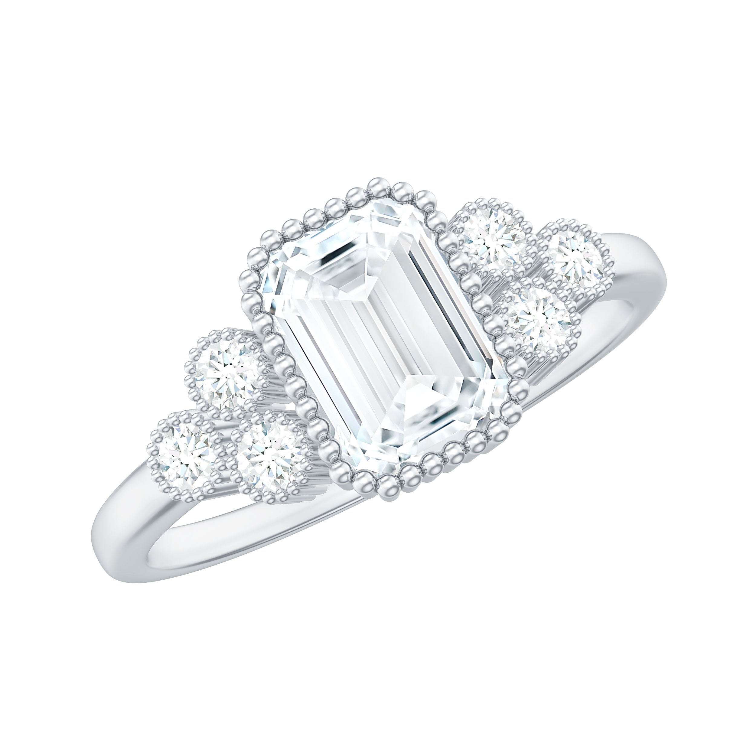 6x8mm Emerald Cut Moissanite Classic Engagement Ring with Beaded Details