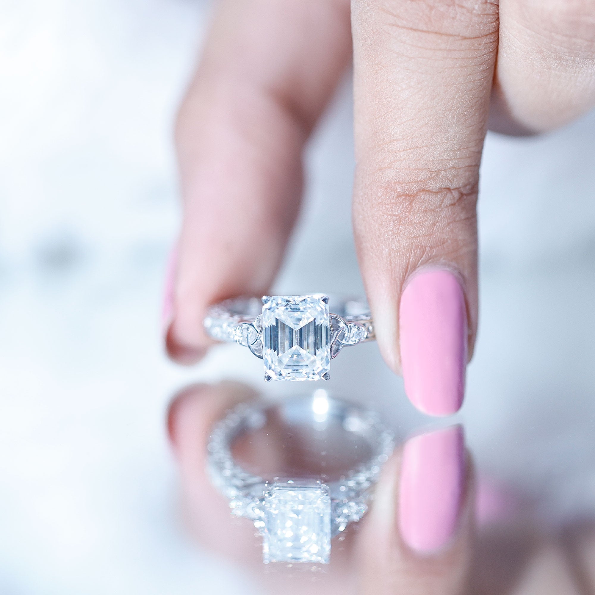 7X9 mm Emerald Cut Moissanite Solitaire Celtic Ring with Engraved Shank D-VS1 - Rosec Jewels