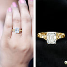 7X9 mm Emerald Cut Moissanite Solitaire Celtic Ring with Engraved Shank D-VS1 - Rosec Jewels