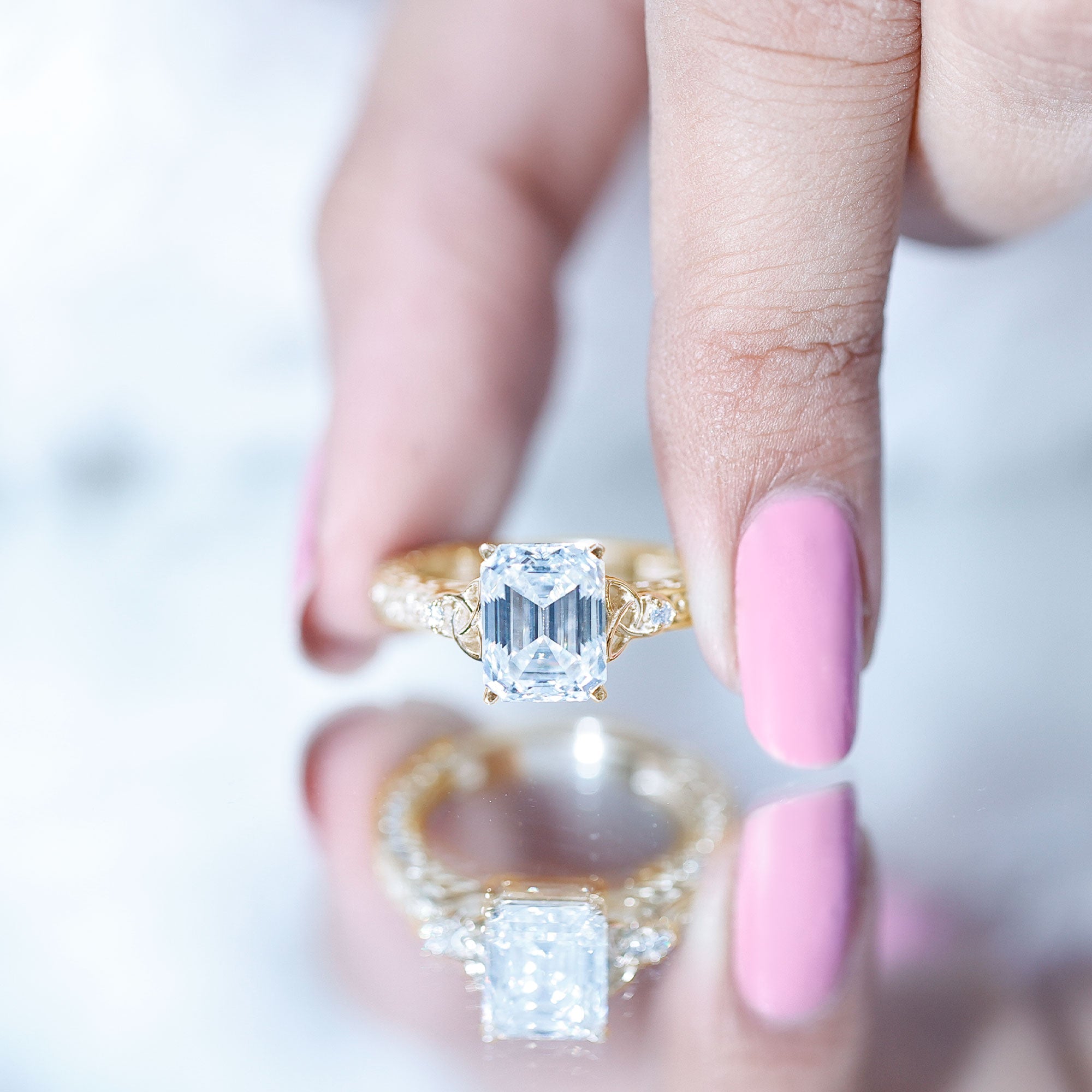 7X9 mm Emerald Cut Moissanite Solitaire Celtic Ring with Engraved Shank D-VS1 - Rosec Jewels