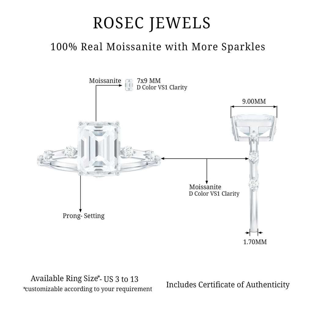 Large Octagon Cut Moissanite Solitaire Engagement Ring in Gold Moissanite - ( D-VS1 ) - Color and Clarity - Rosec Jewels