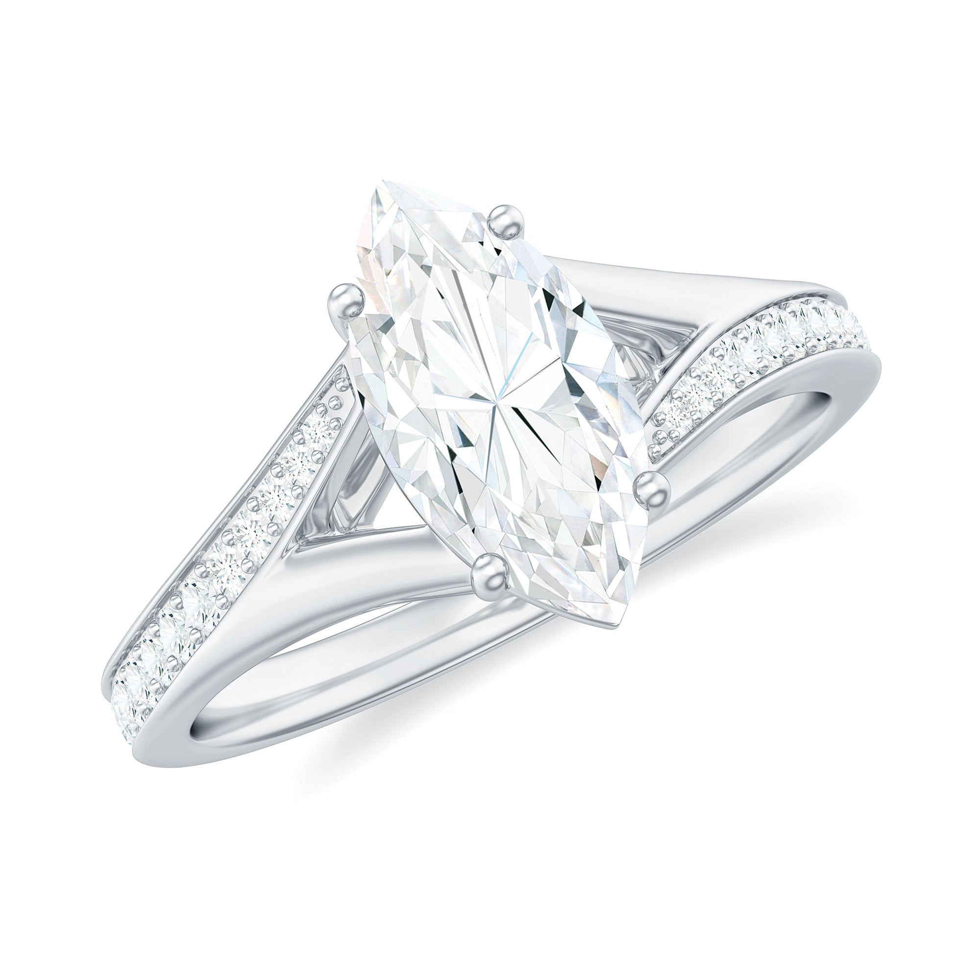 Marquise Cut Moissanite Solitaire Engagement Ring with Split Shank Moissanite - ( D-VS1 ) - Color and Clarity - Rosec Jewels