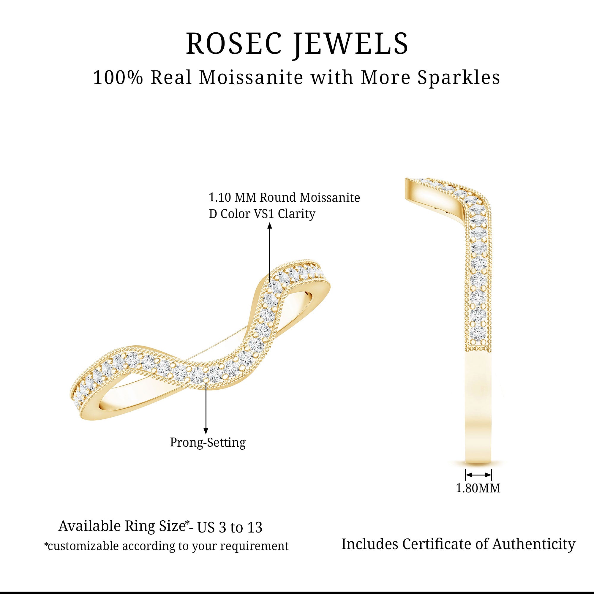 Certified Moissanite Curved Enhancer Band For Women D-VS1 - Rosec Jewels