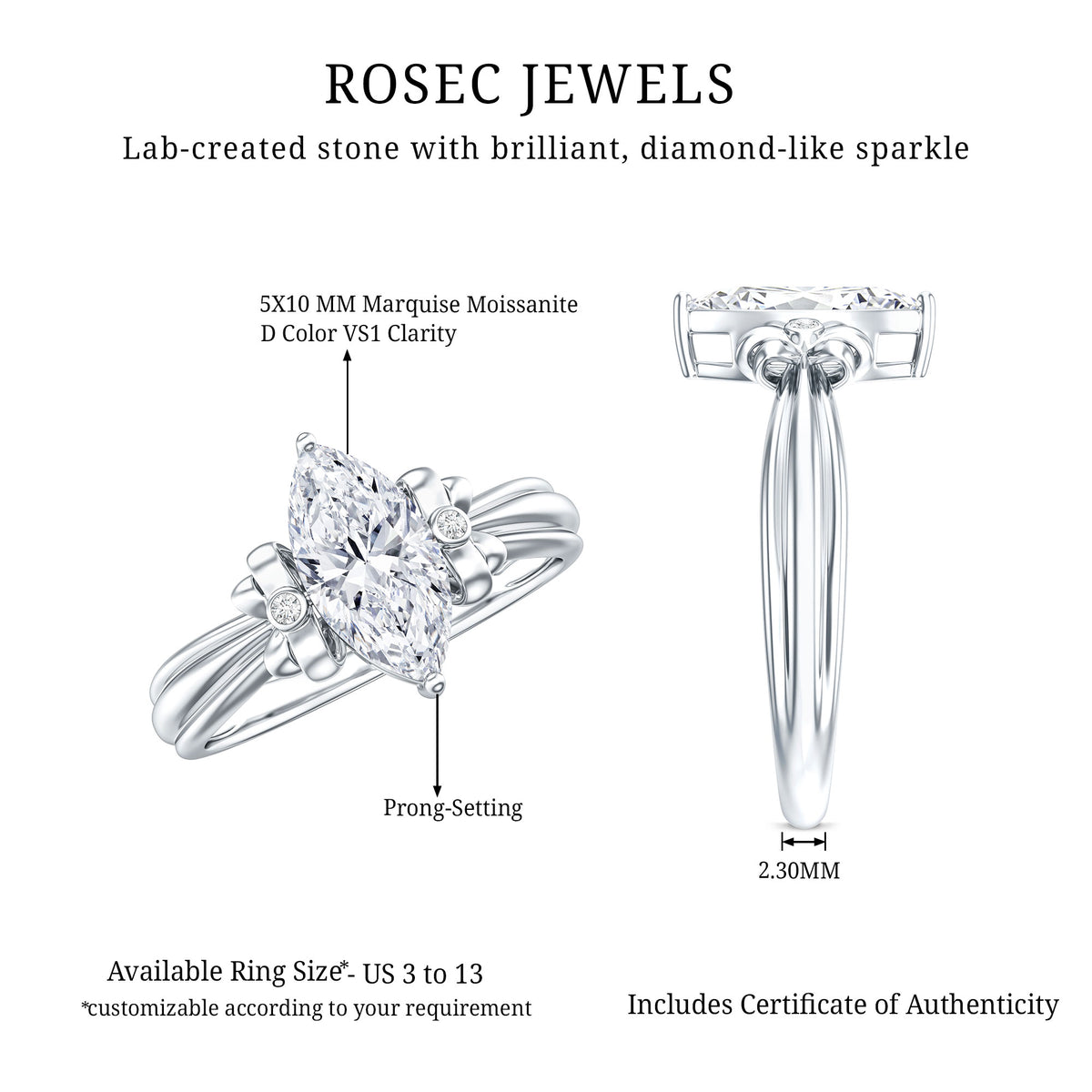 1 Carat Brilliant Cut Certified Moissanite Statement Ring D-VS1 - Rosec Jewels