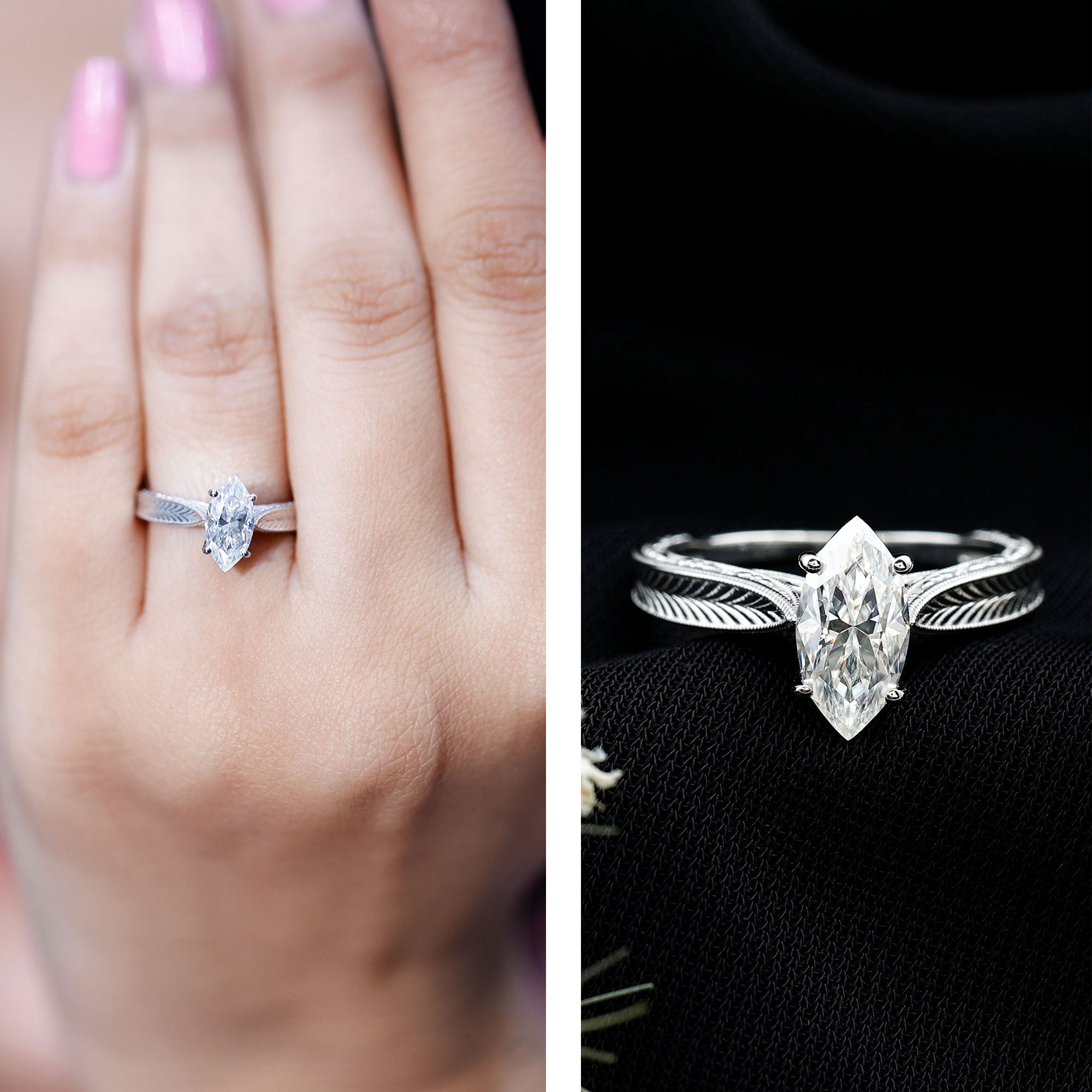 5x10mm Moissanite Marquise Engagement Ring with Leaf Engraved Shank D-VS1 - Rosec Jewels