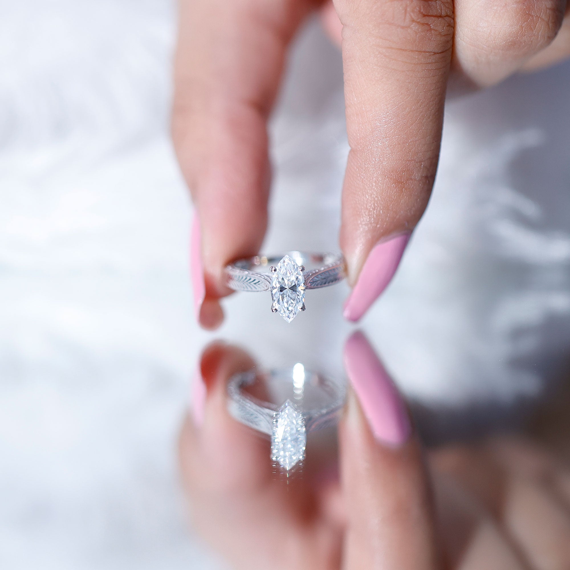 5x10mm Moissanite Marquise Engagement Ring with Leaf Engraved Shank D-VS1 - Rosec Jewels