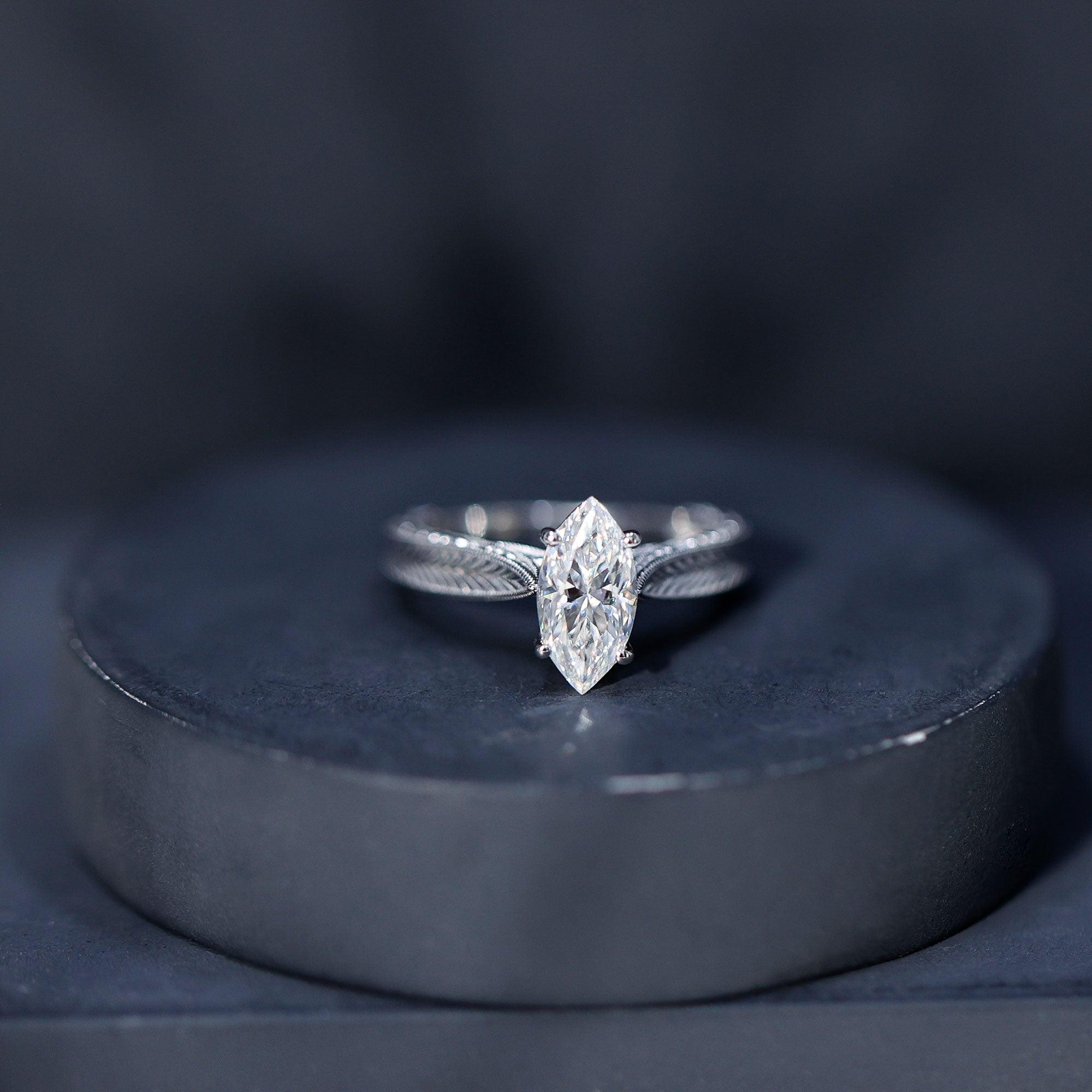 5x10mm Moissanite Marquise Engagement Ring with Leaf Engraved Shank D-VS1 - Rosec Jewels