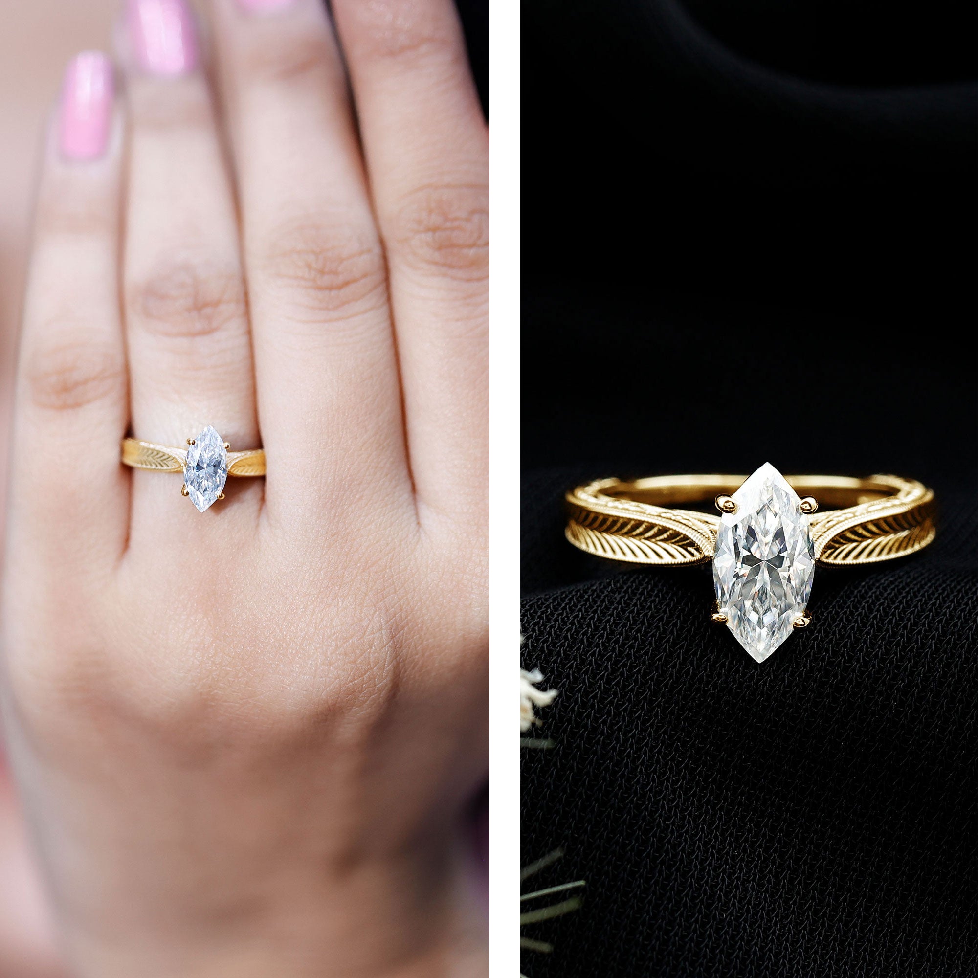 5x10mm Moissanite Marquise Engagement Ring with Leaf Engraved Shank D-VS1 - Rosec Jewels