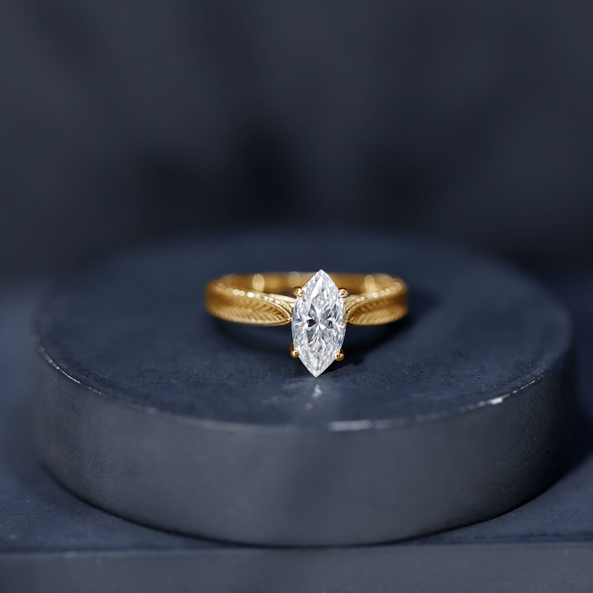 5x10mm Moissanite Marquise Engagement Ring with Leaf Engraved Shank D-VS1 - Rosec Jewels